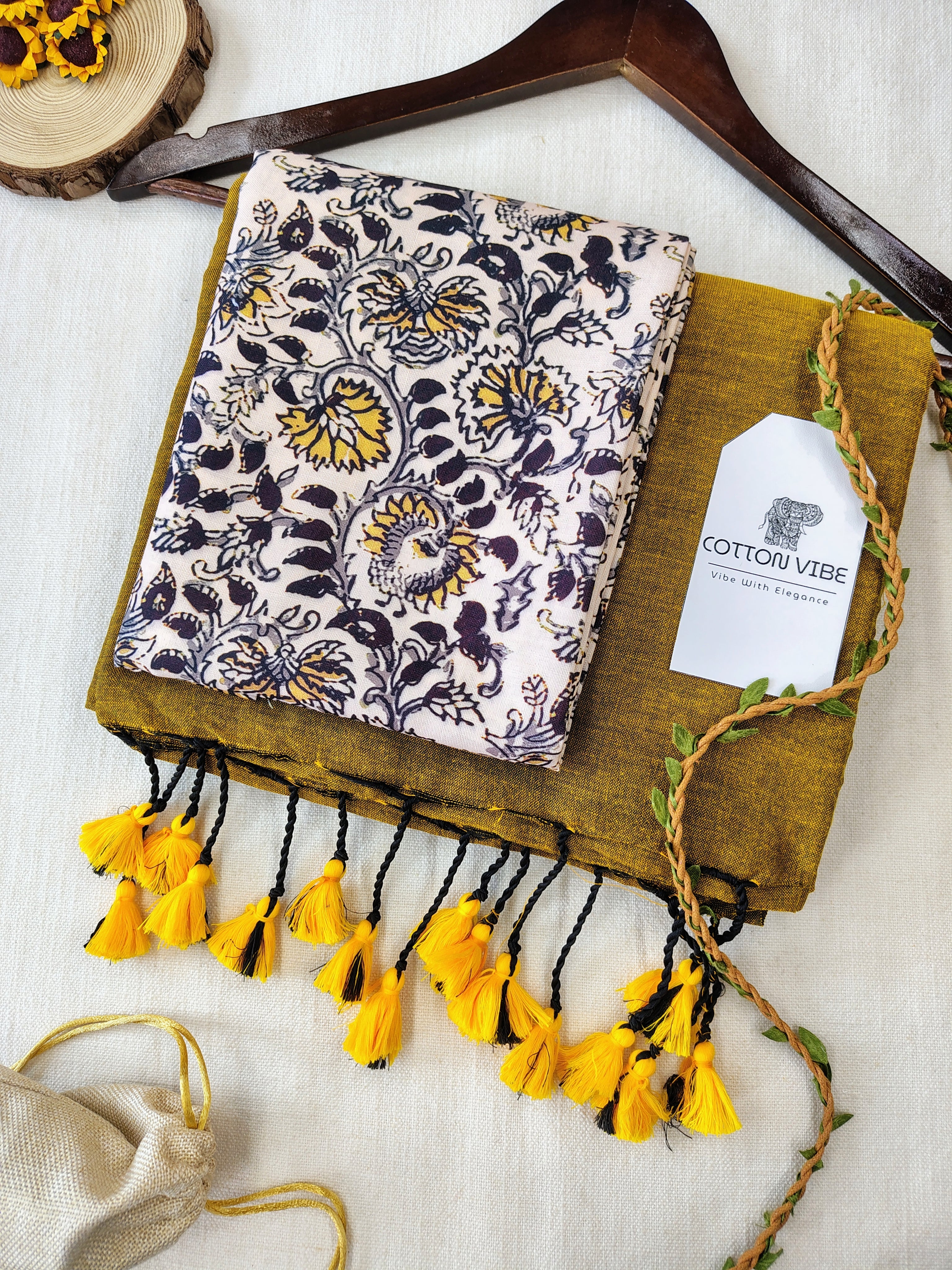 Mustard Cotton Khadi Saree With Designer Flower Based Printed Blouse