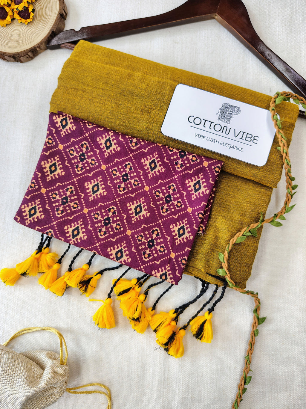 Mustard Cotton Khadi Saree With Designer Flower Based Printed Blouse