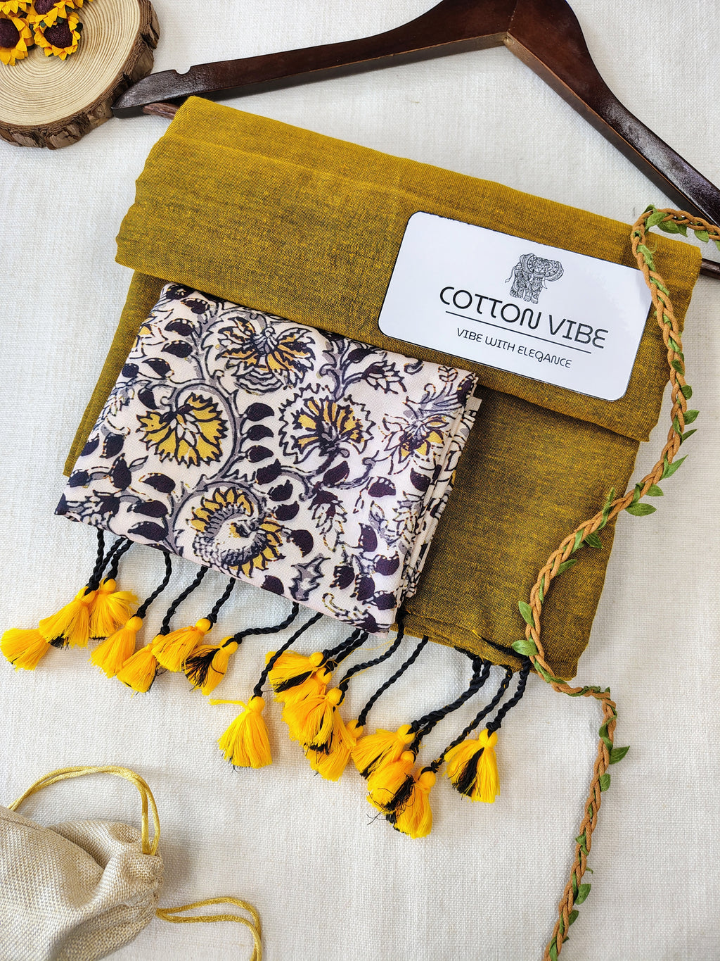 Mustard Cotton Khadi Saree With Designer Flower Based Printed Blouse