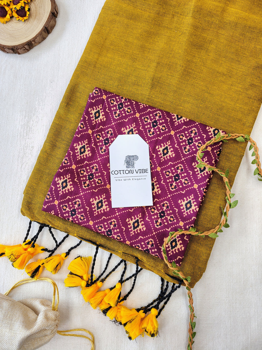 Mustard Cotton Khadi Saree With Designer Flower Based Printed Blouse