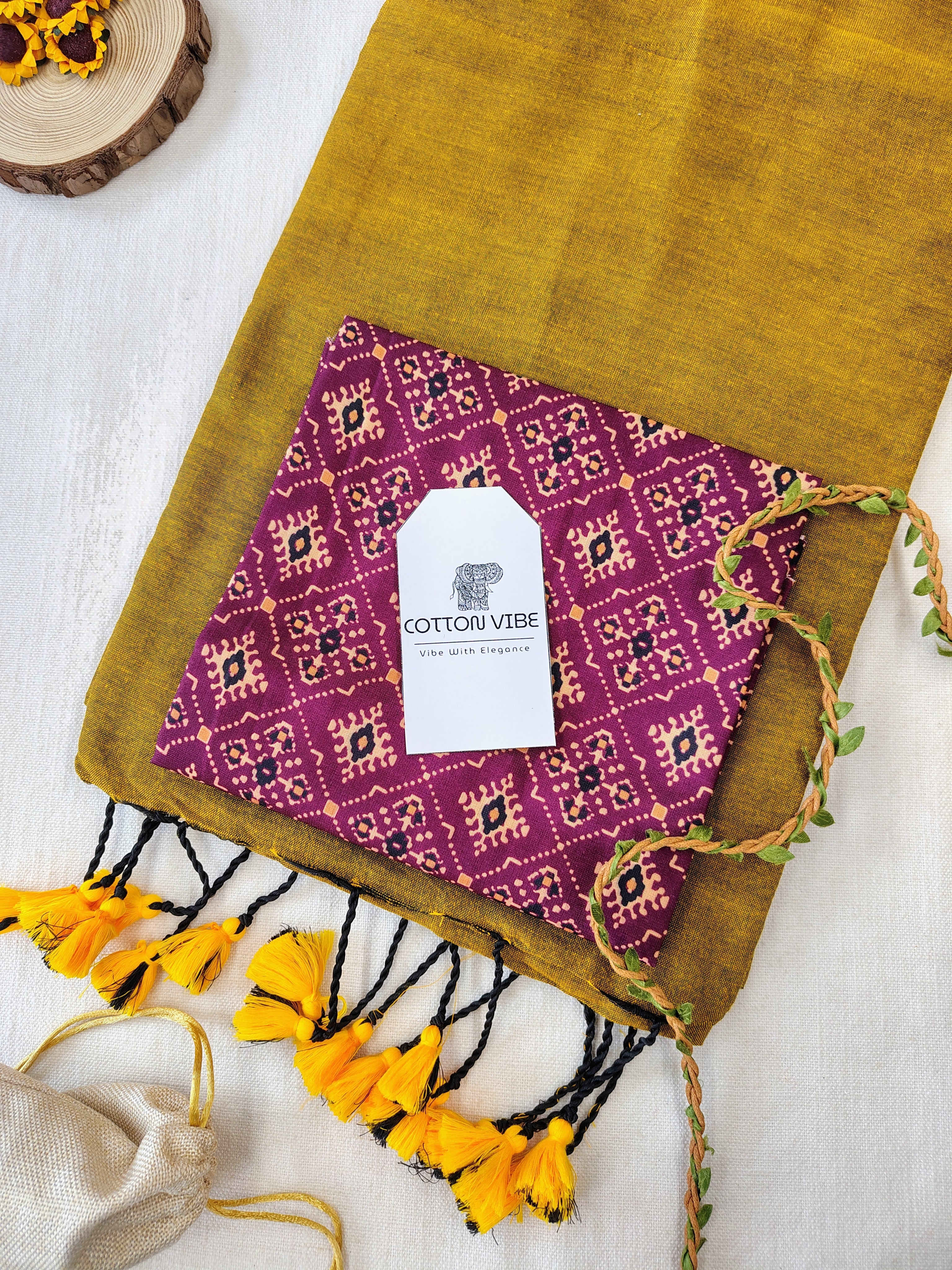 Mustard Cotton Khadi Saree With Designer Flower Based Printed Blouse