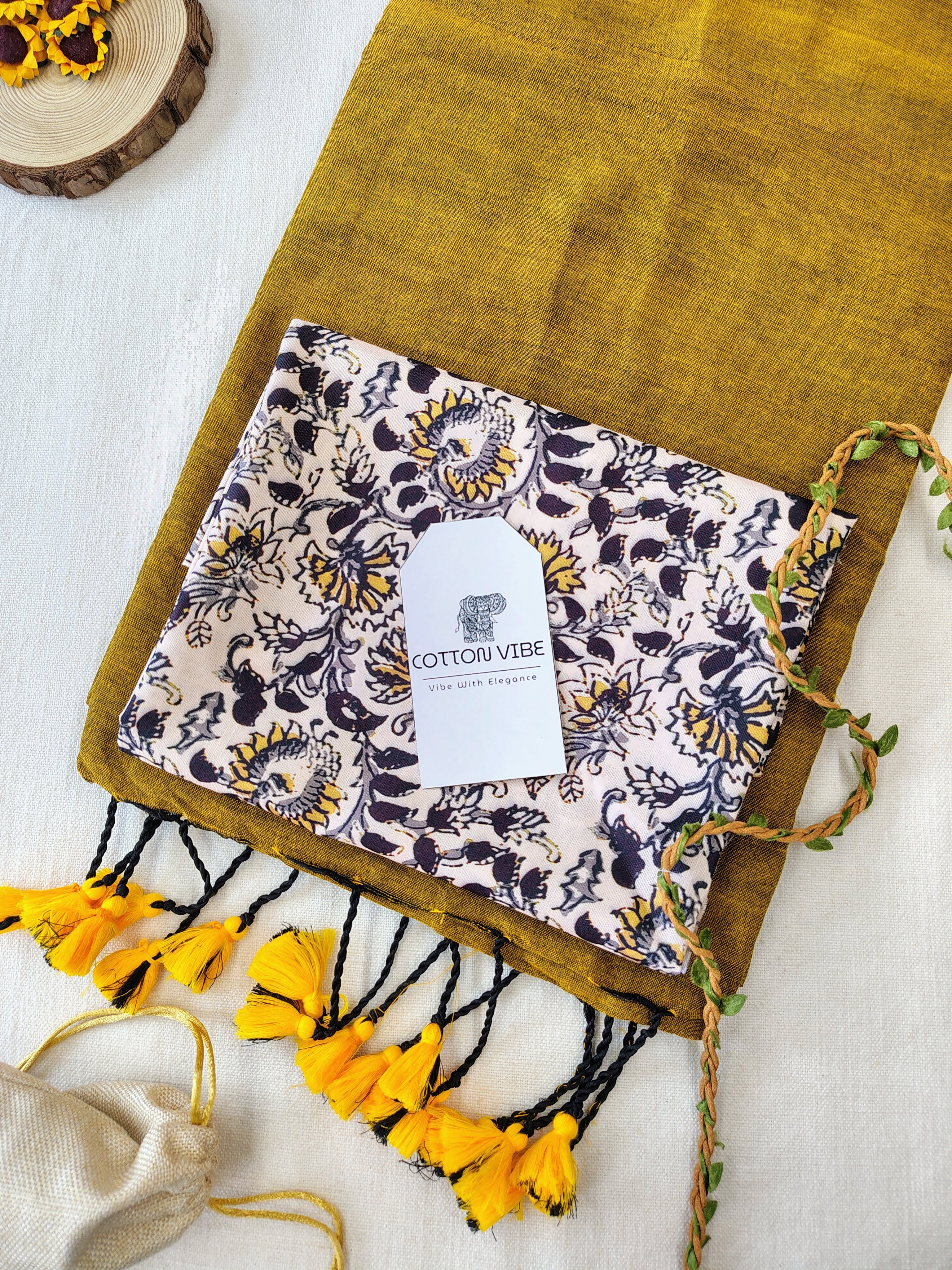 Mustard Cotton Khadi Saree With Designer Flower Based Printed Blouse