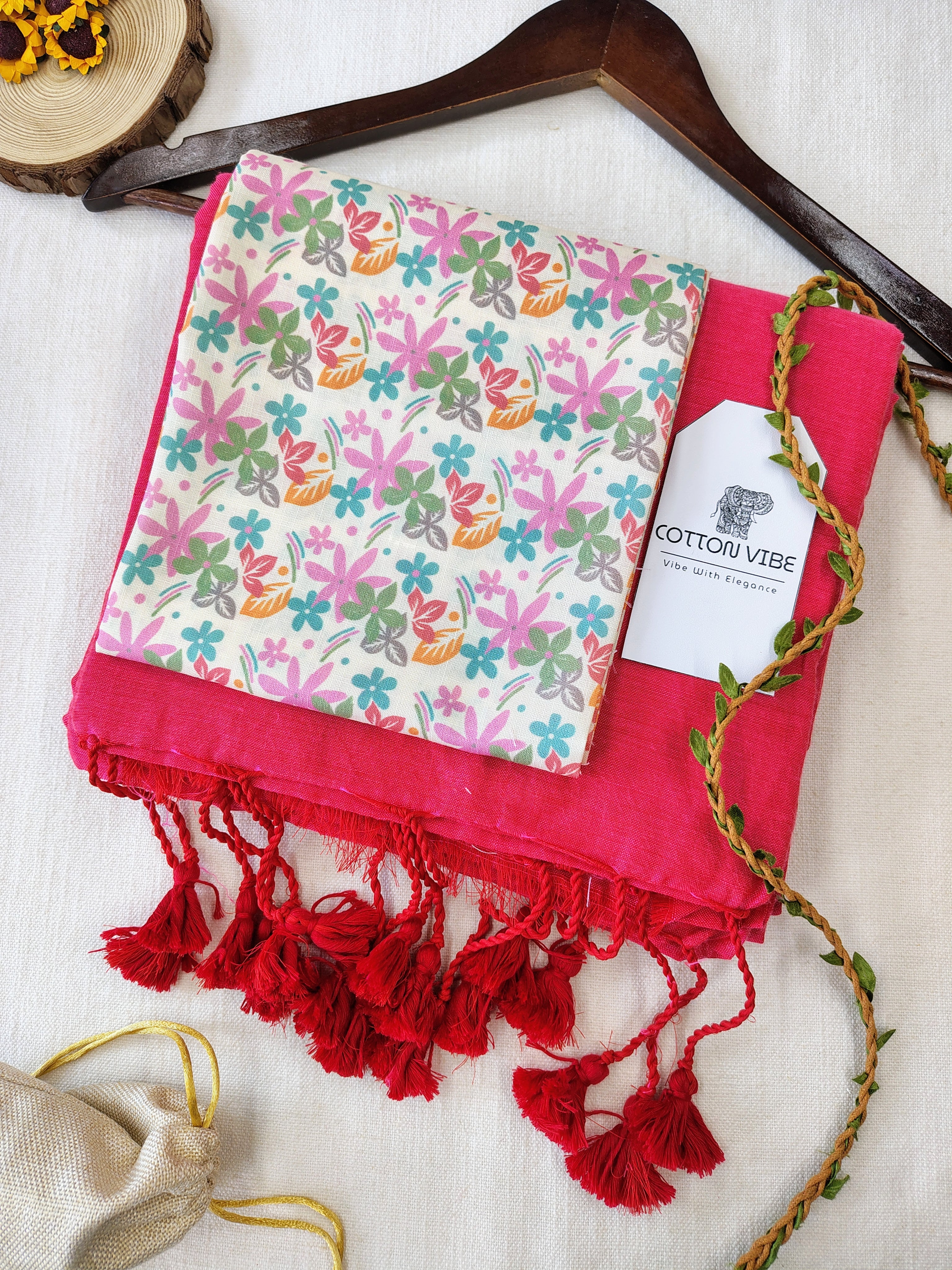 Tometo Cotton Khadi Saree With Designer Flower Based Printed Blouse