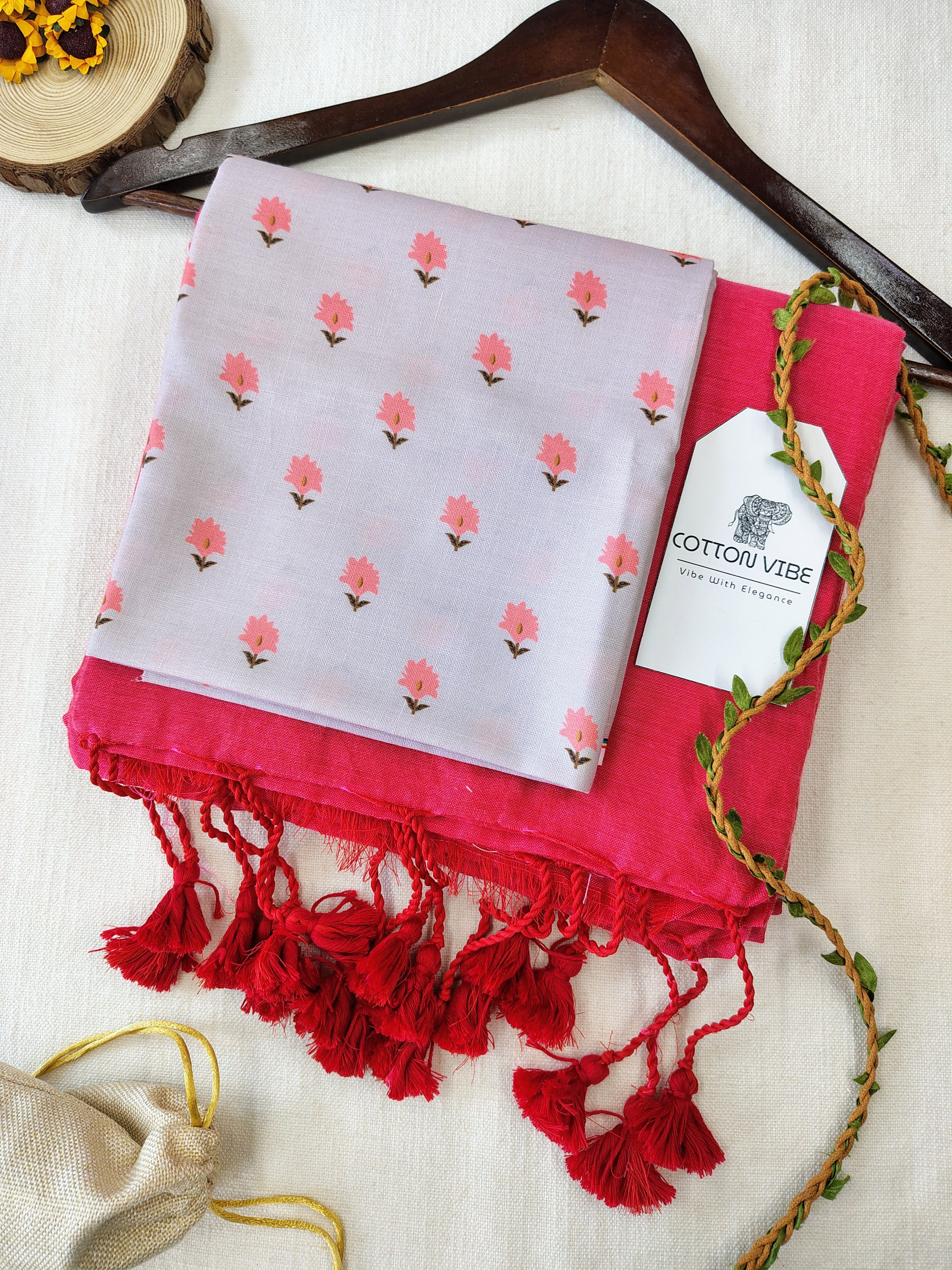 Tometo Cotton Khadi Saree With Designer Flower Based Printed Blouse