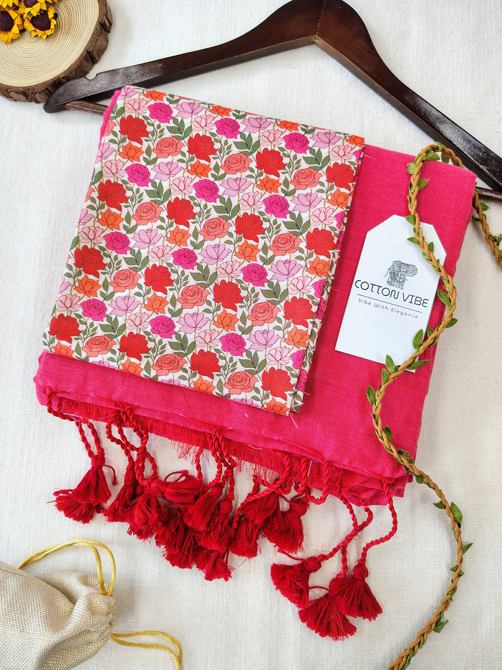 Tometo Cotton Khadi Saree With Designer Flower Based Printed Blouse