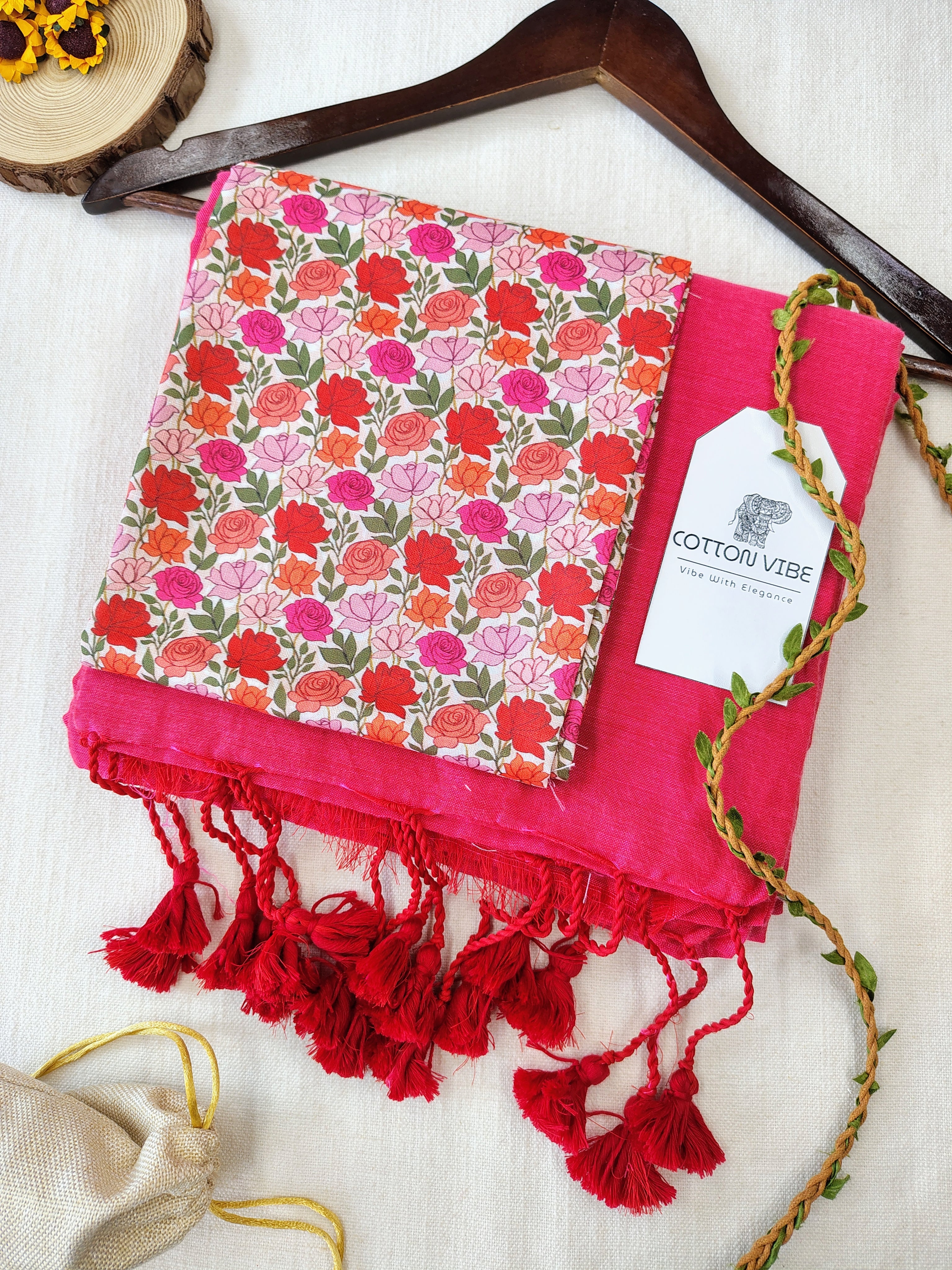 Tometo Cotton Khadi Saree With Designer Flower Based Printed Blouse