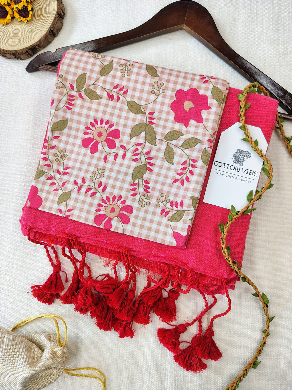 Tometo Cotton Khadi Saree With Designer Flower Based Printed Blouse