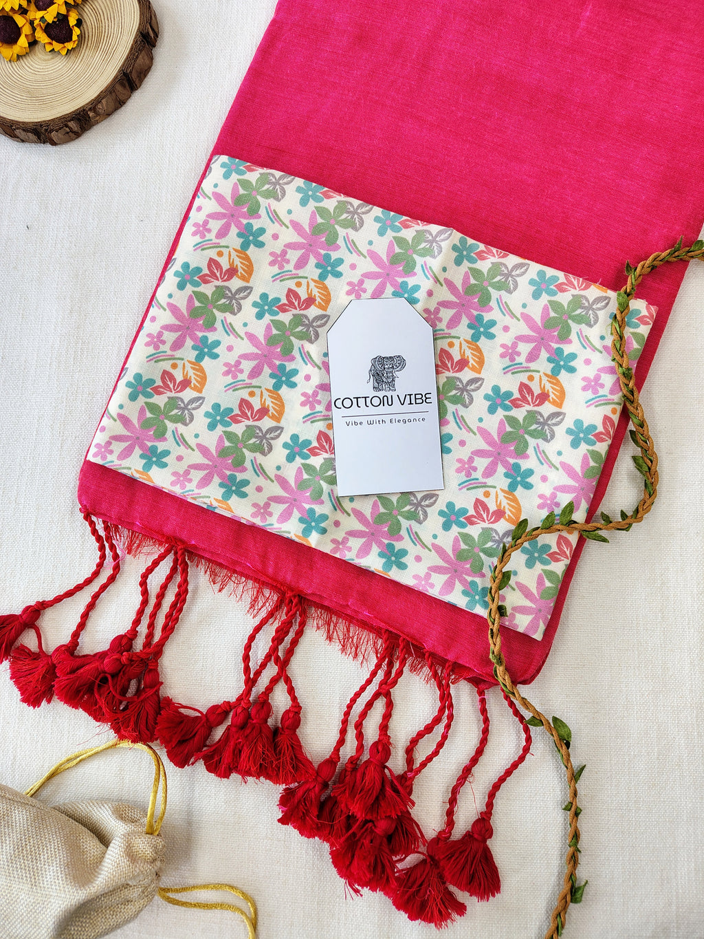 Tometo Cotton Khadi Saree With Designer Flower Based Printed Blouse