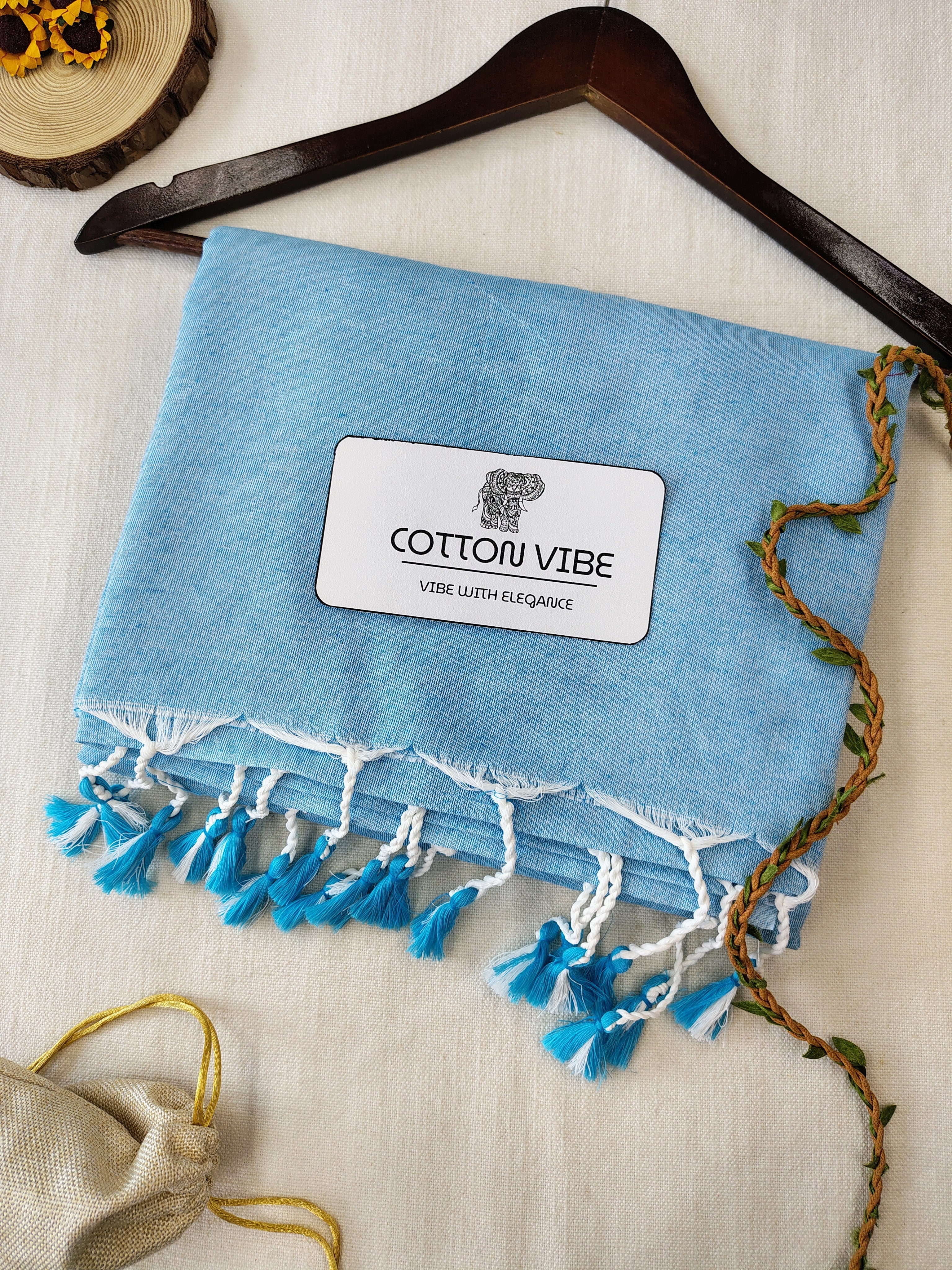 Sky Cotton Khadi Saree With Designer Flower Based Printed Blouse