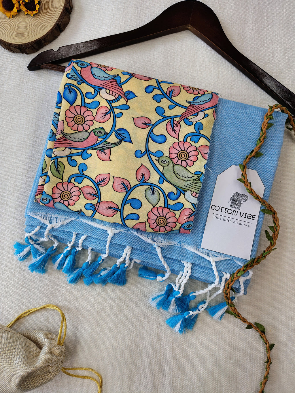 Sky Cotton Khadi Saree With Designer Flower Based Printed Blouse