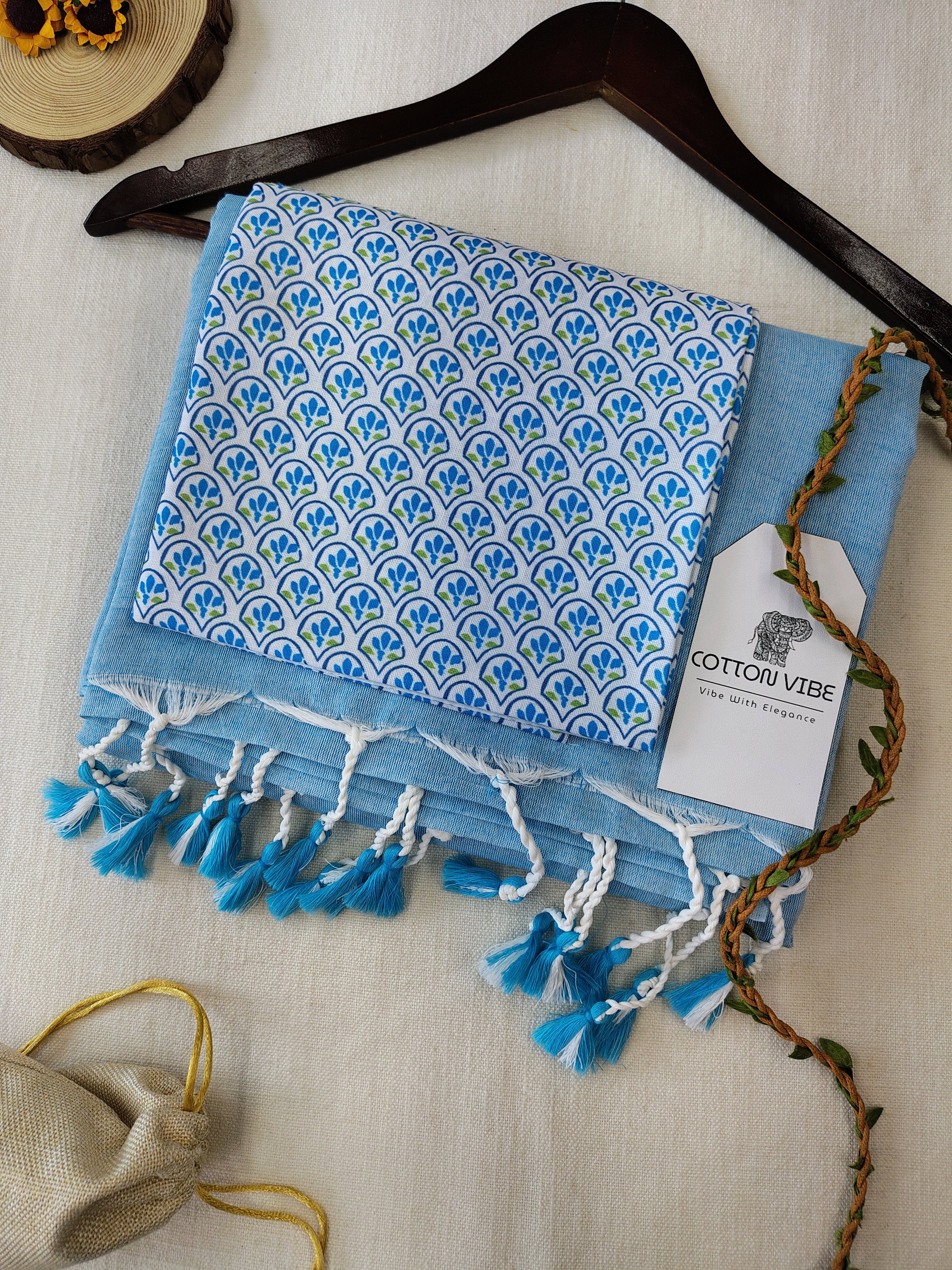 Sky Cotton Khadi Saree With Designer Flower Based Printed Blouse