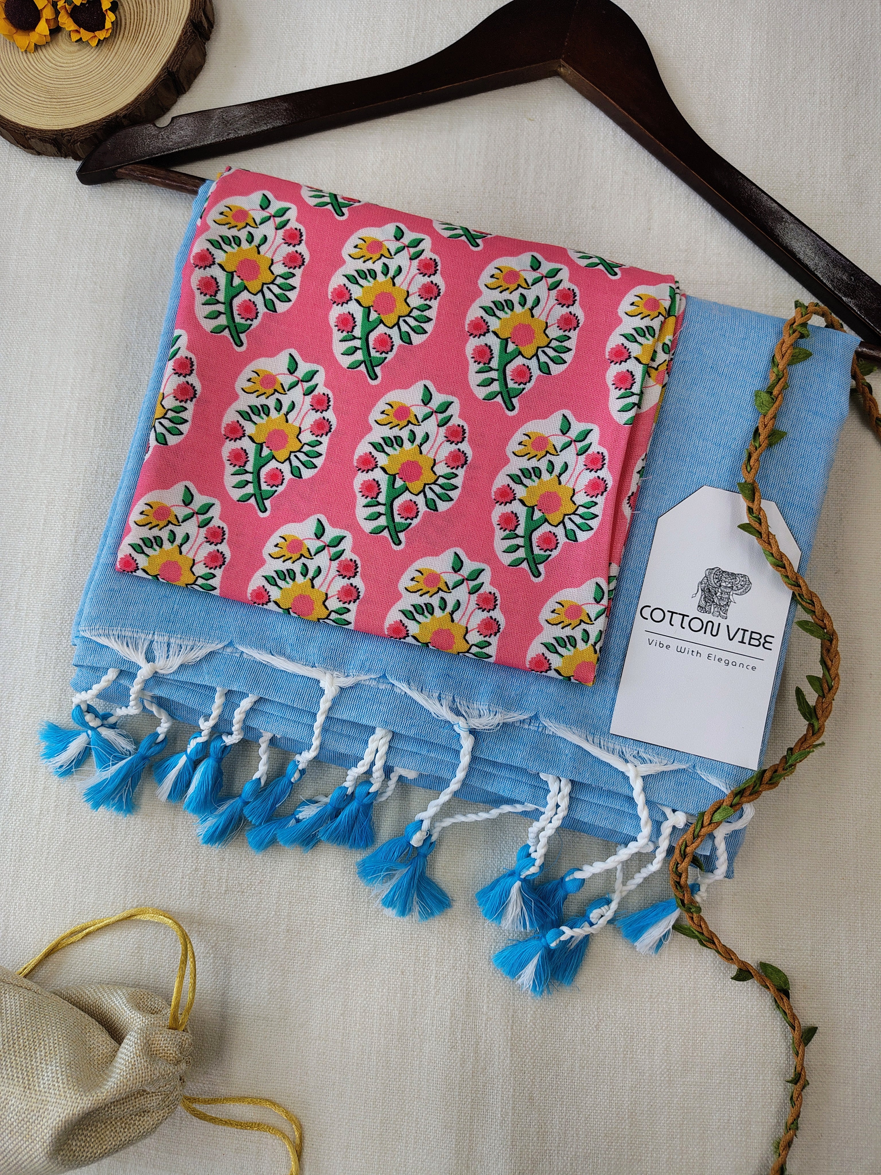 Sky Cotton Khadi Saree With Designer Flower Based Printed Blouse