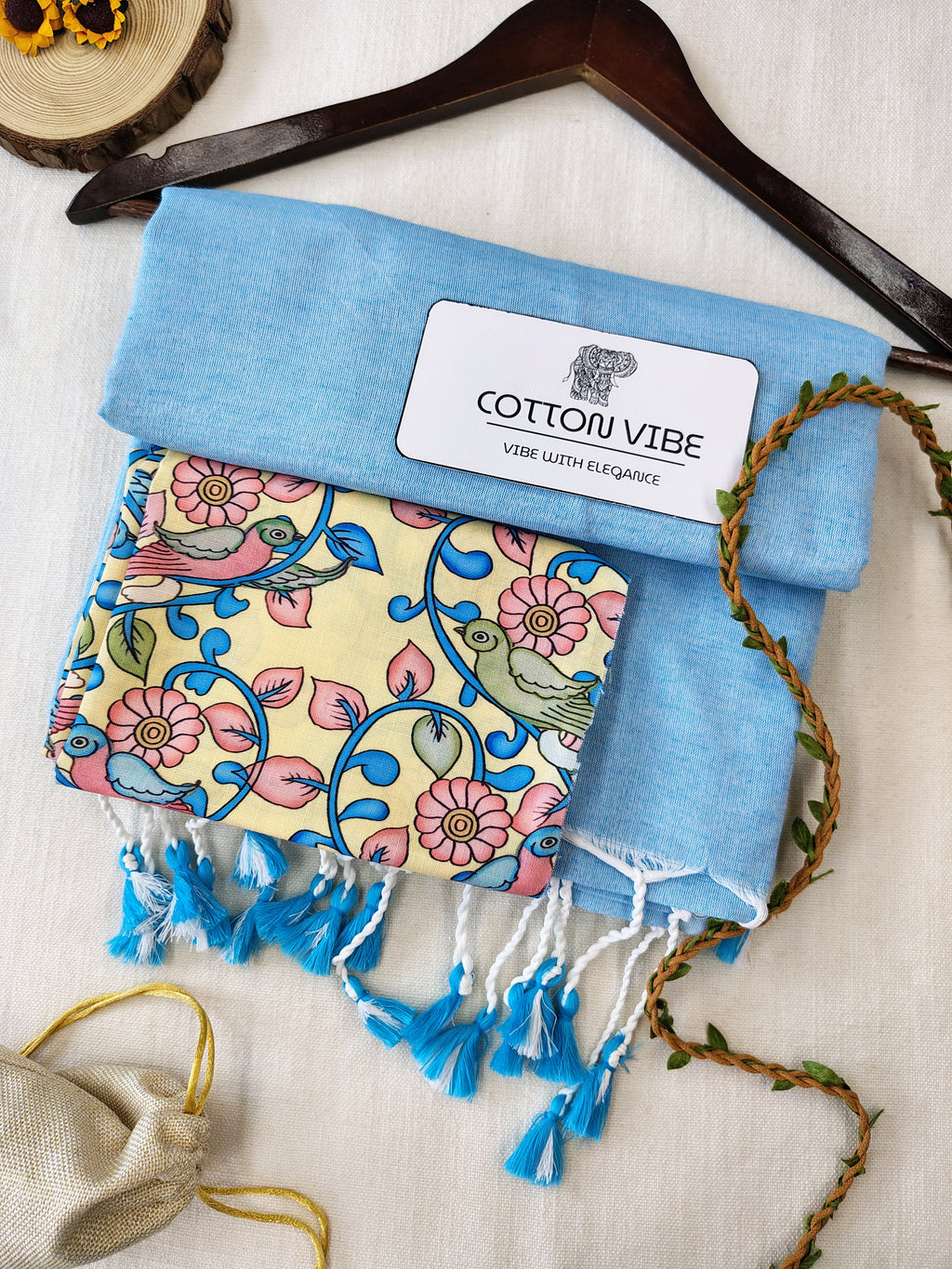 Sky Cotton Khadi Saree With Designer Flower Based Printed Blouse