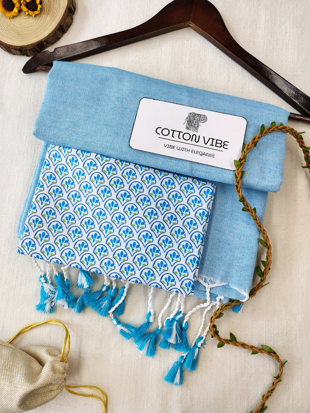 Sky Cotton Khadi Saree With Designer Flower Based Printed Blouse