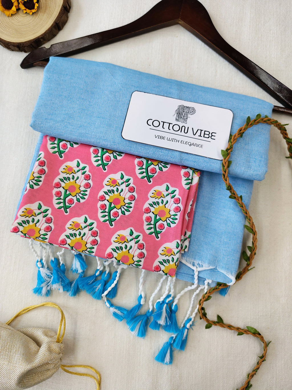 Sky Cotton Khadi Saree With Designer Flower Based Printed Blouse