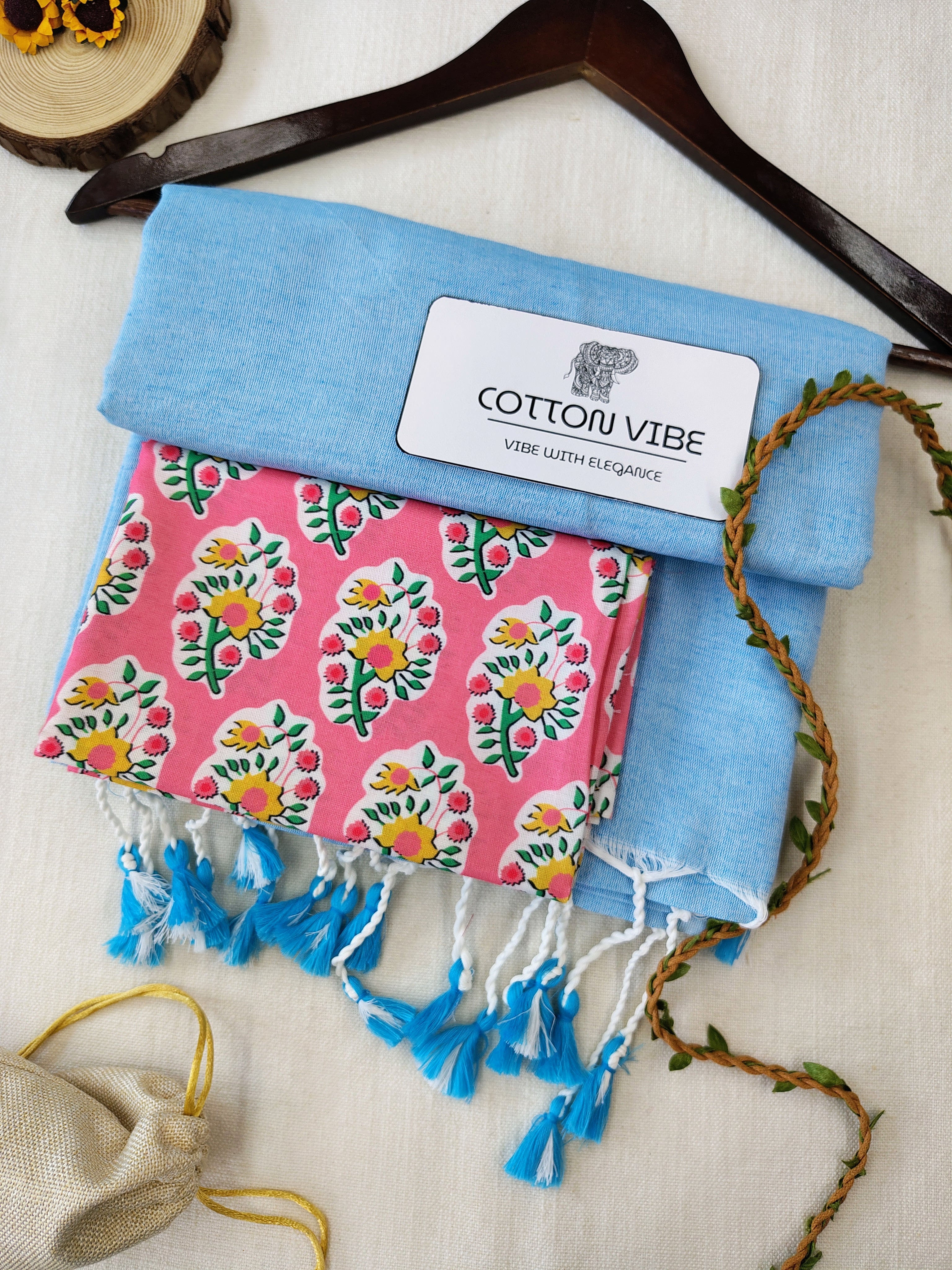 Sky Cotton Khadi Saree With Designer Flower Based Printed Blouse