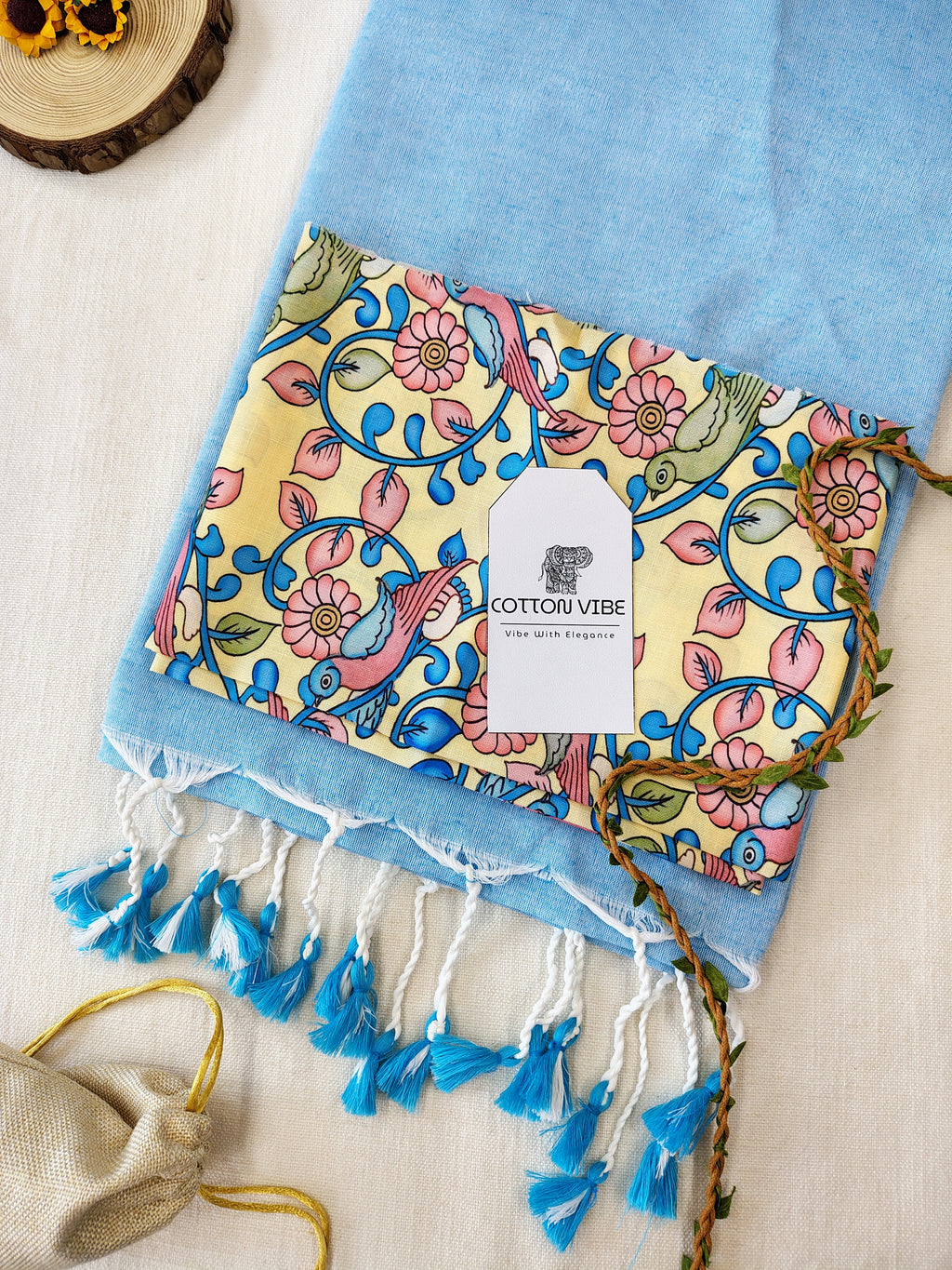 Sky Cotton Khadi Saree With Designer Flower Based Printed Blouse