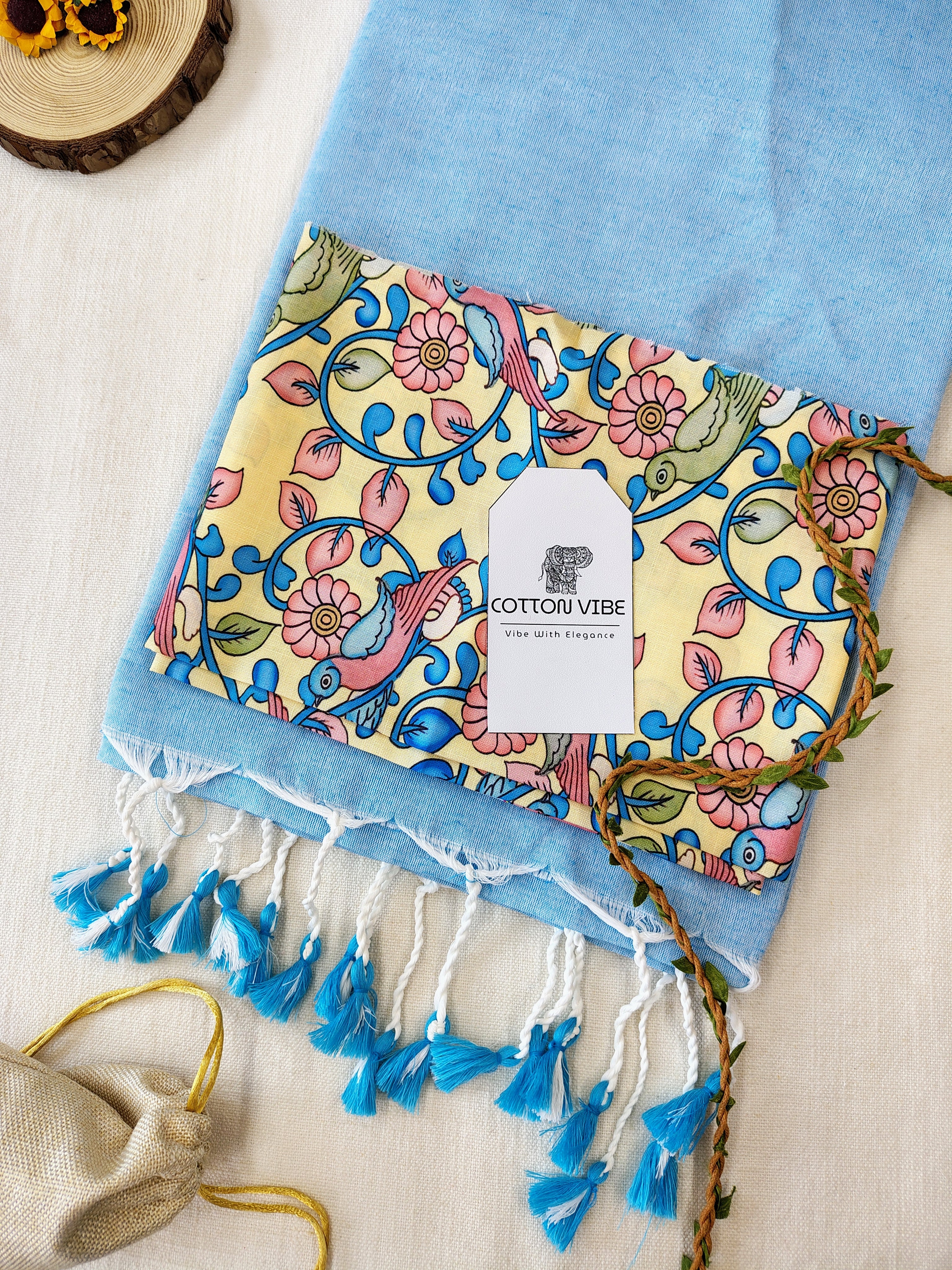 Sky Cotton Khadi Saree With Designer Flower Based Printed Blouse