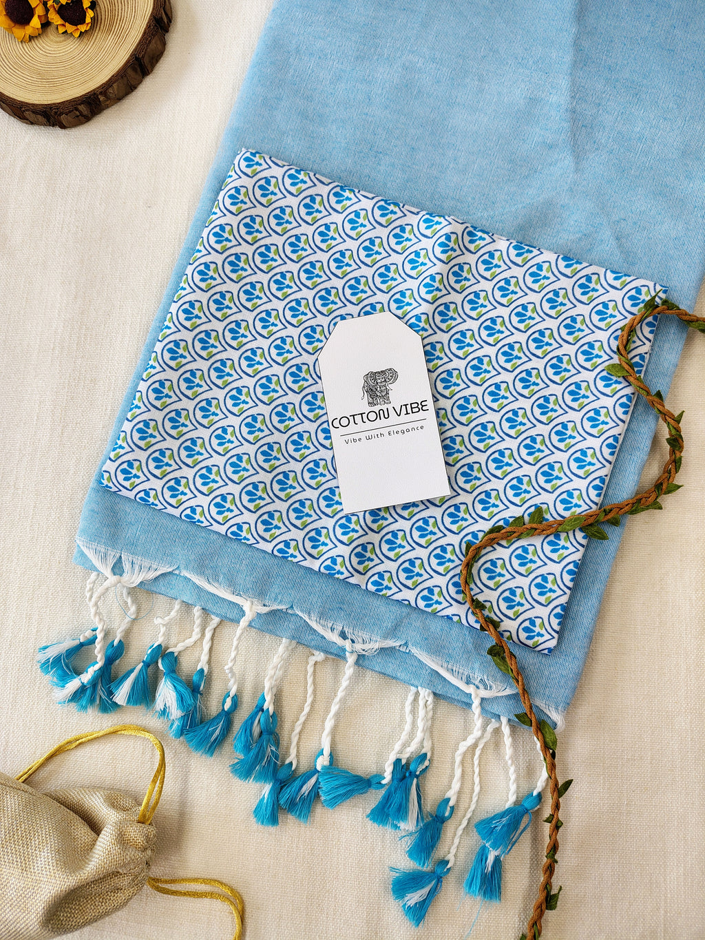 Sky Cotton Khadi Saree With Designer Flower Based Printed Blouse