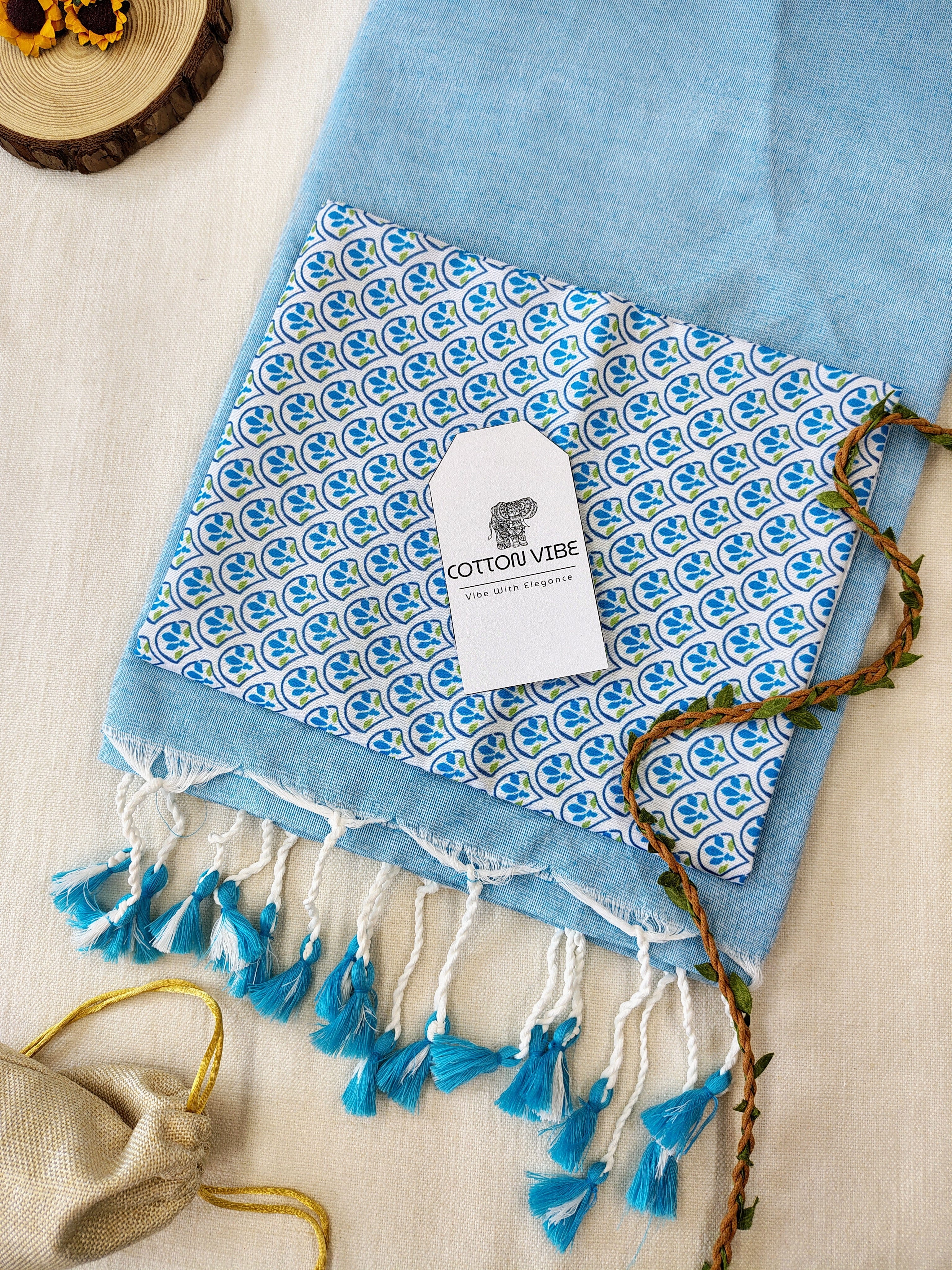 Sky Cotton Khadi Saree With Designer Flower Based Printed Blouse