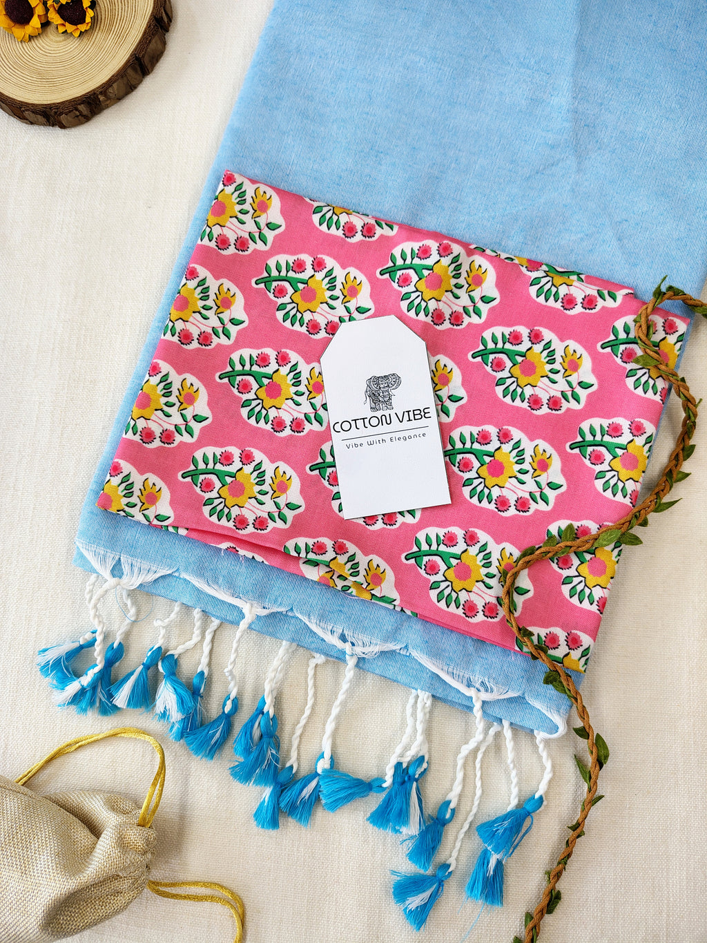 Sky Cotton Khadi Saree With Designer Flower Based Printed Blouse