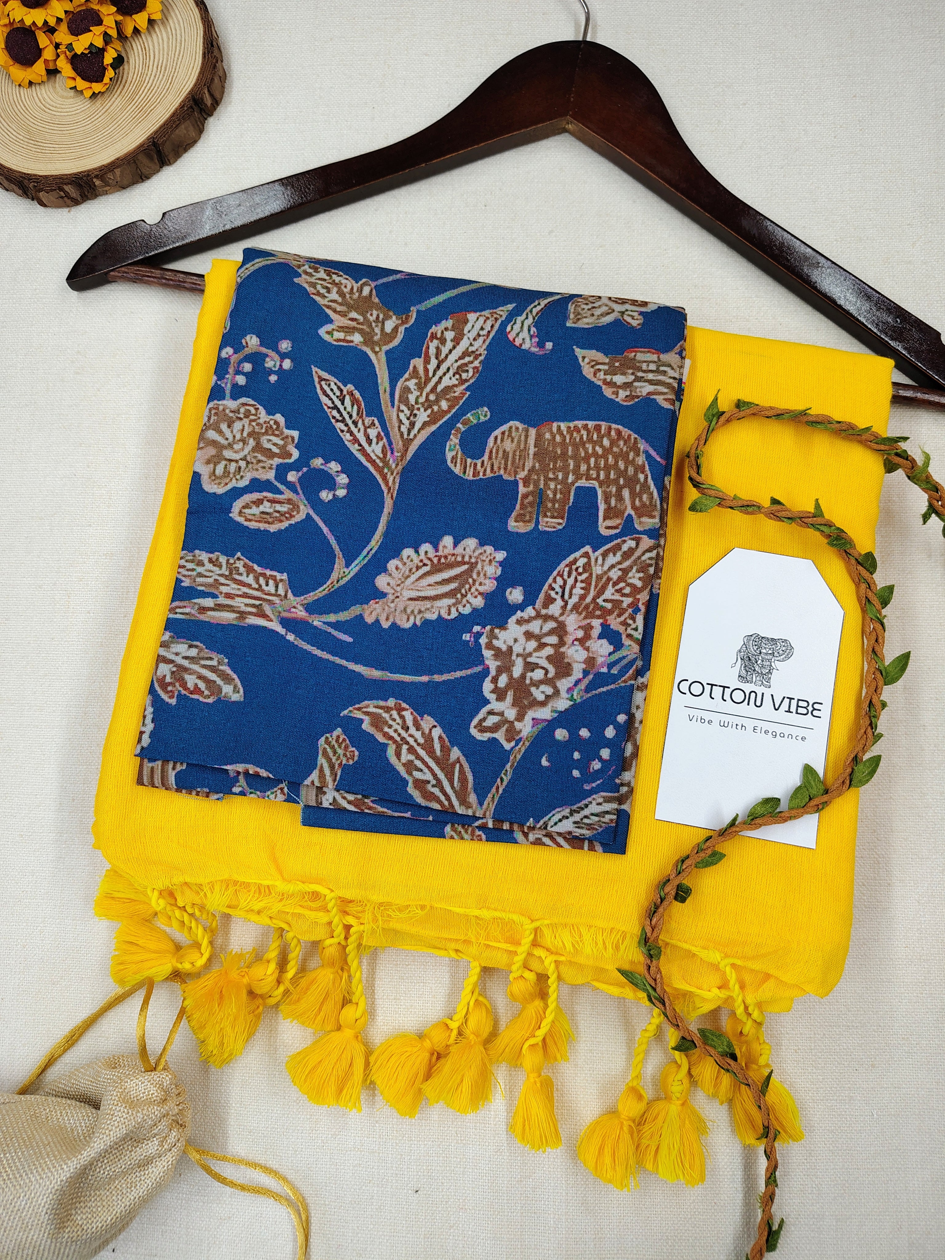 YellowCotton Khadi Saree With Designer Flower Based Printed Blouse