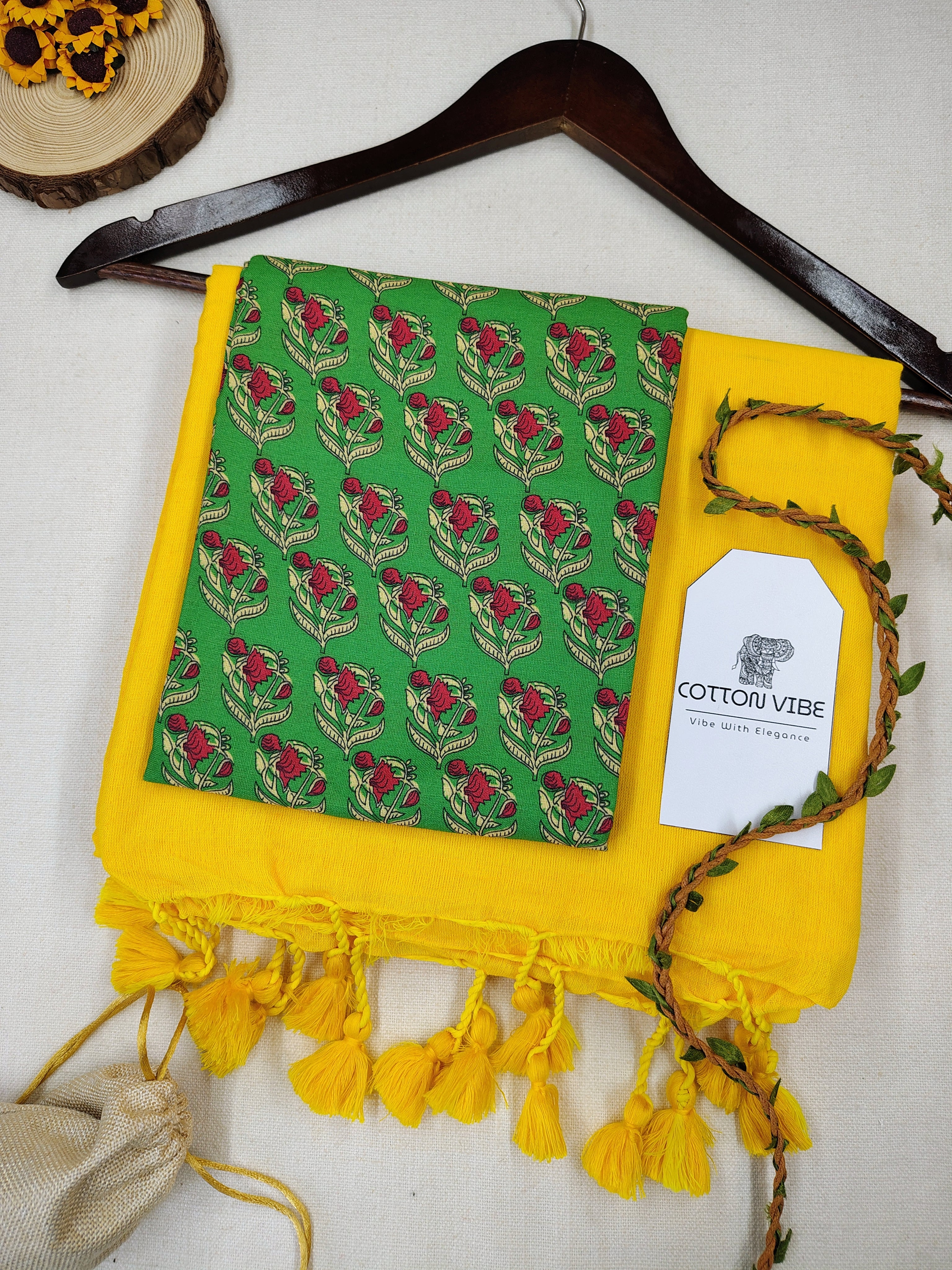 YellowCotton Khadi Saree With Designer Flower Based Printed Blouse