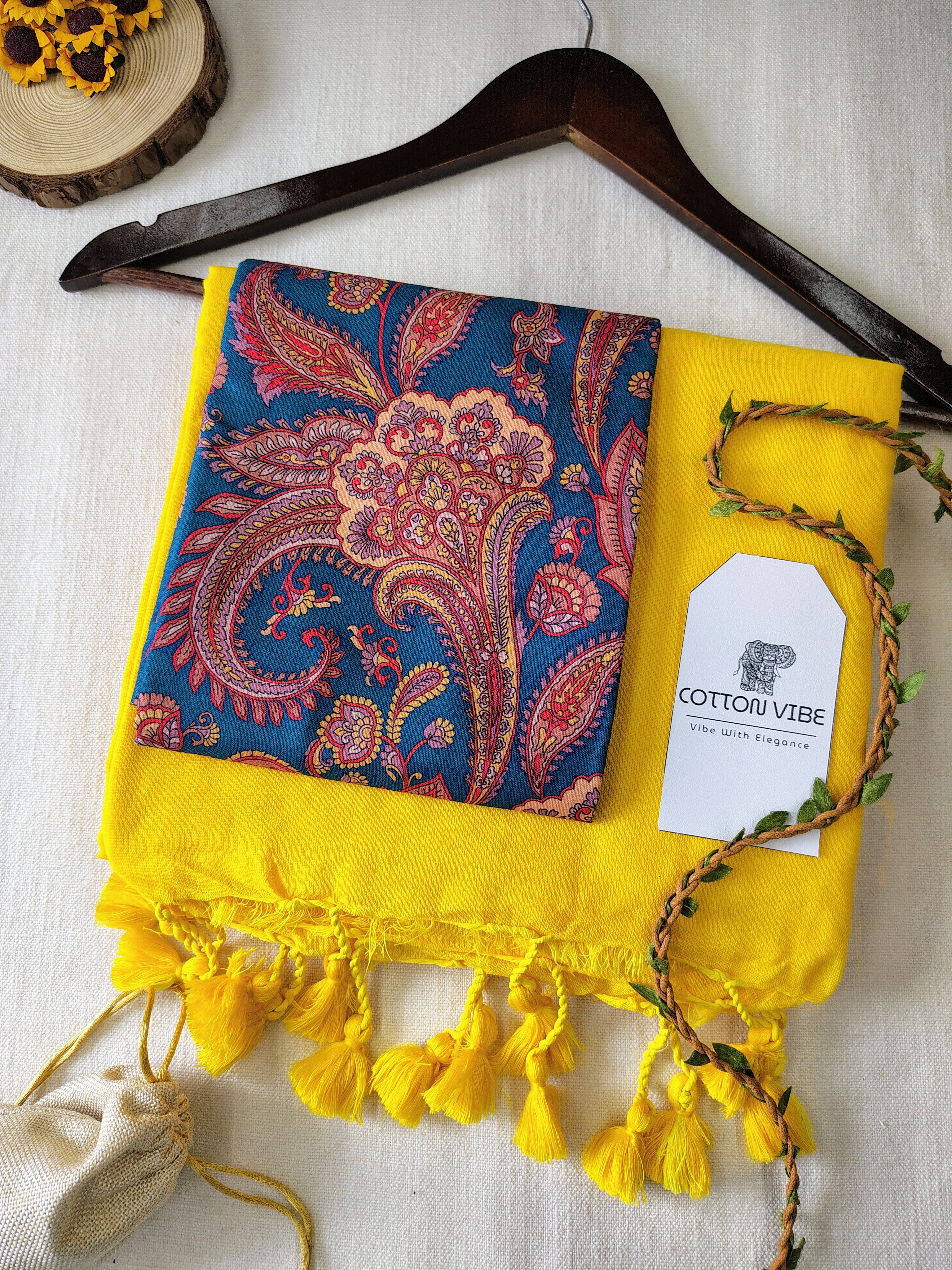 YellowCotton Khadi Saree With Designer Flower Based Printed Blouse