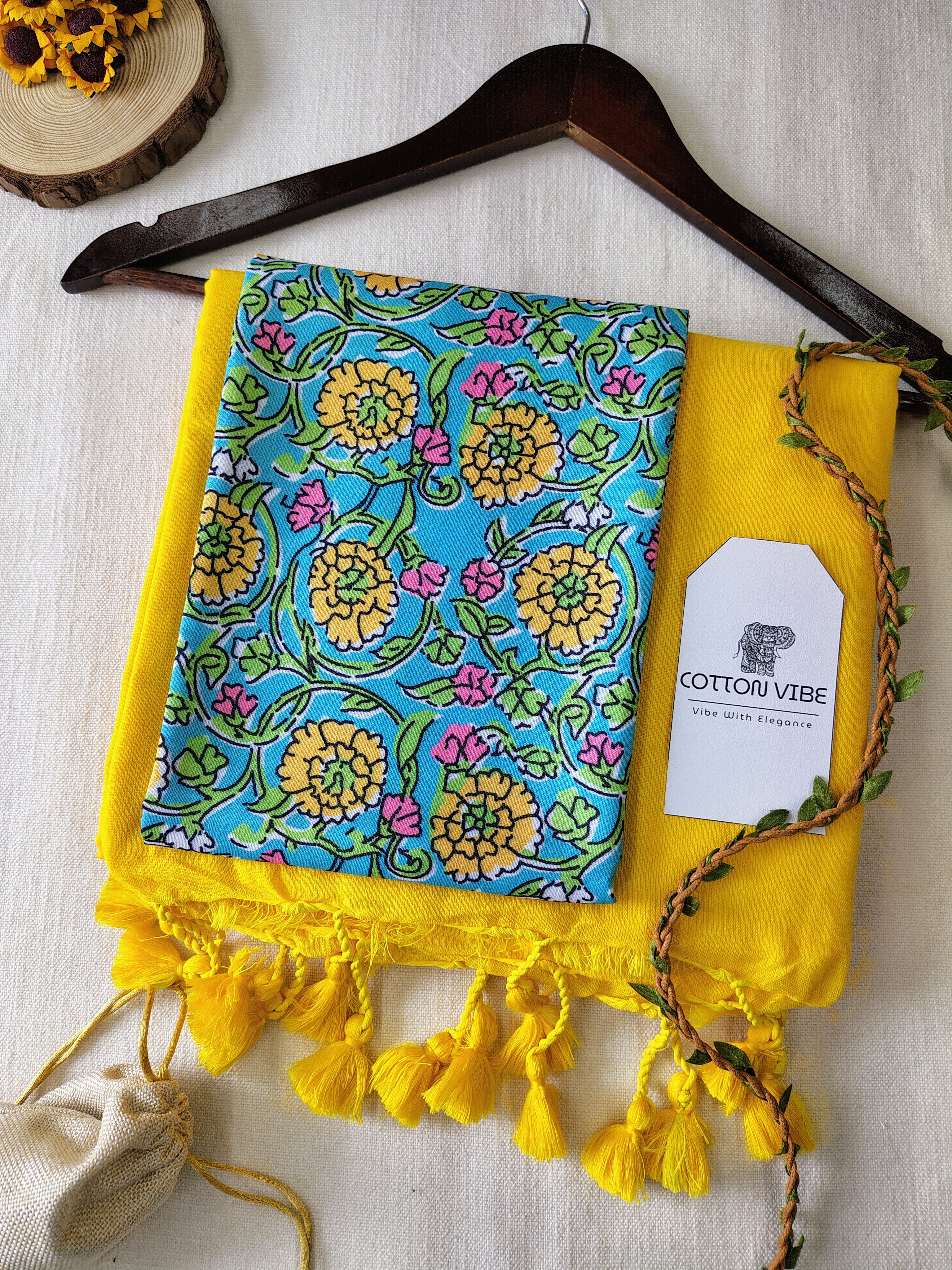 YellowCotton Khadi Saree With Designer Flower Based Printed Blouse