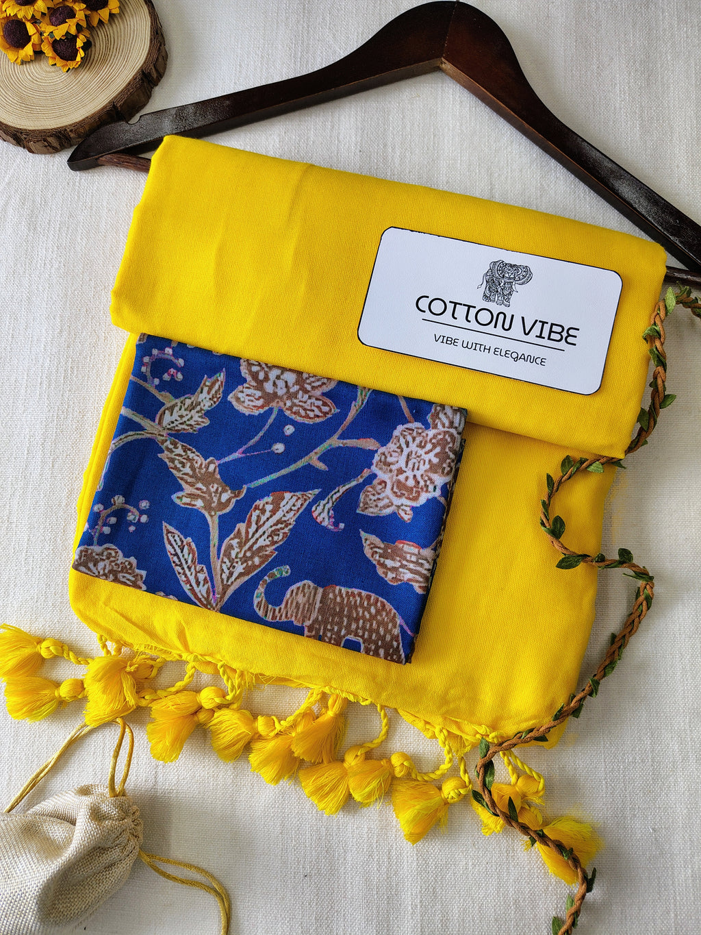 YellowCotton Khadi Saree With Designer Flower Based Printed Blouse