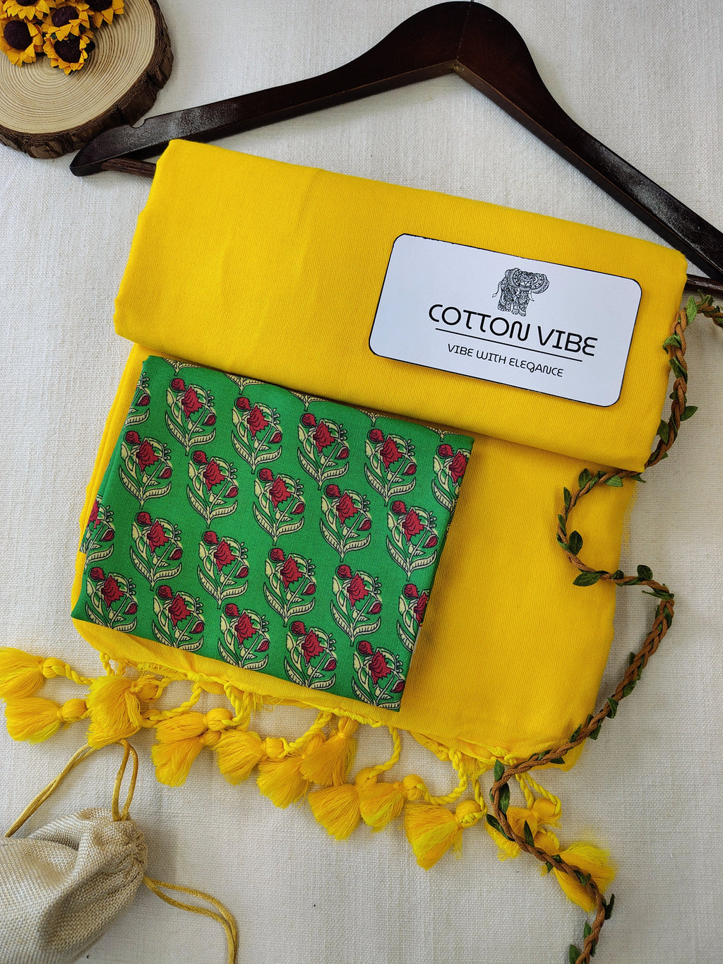 YellowCotton Khadi Saree With Designer Flower Based Printed Blouse