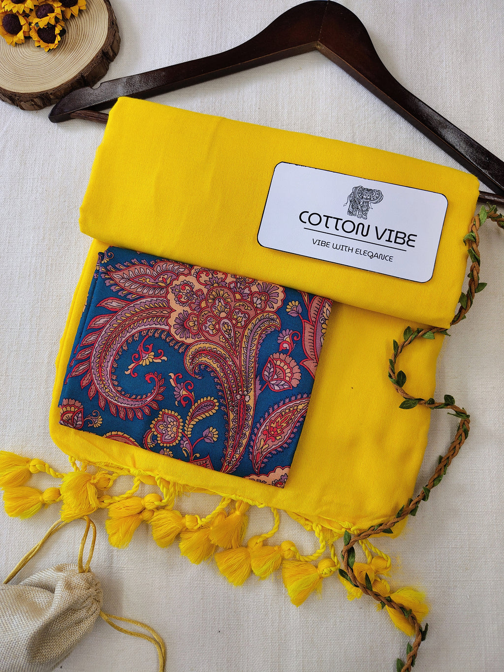 YellowCotton Khadi Saree With Designer Flower Based Printed Blouse