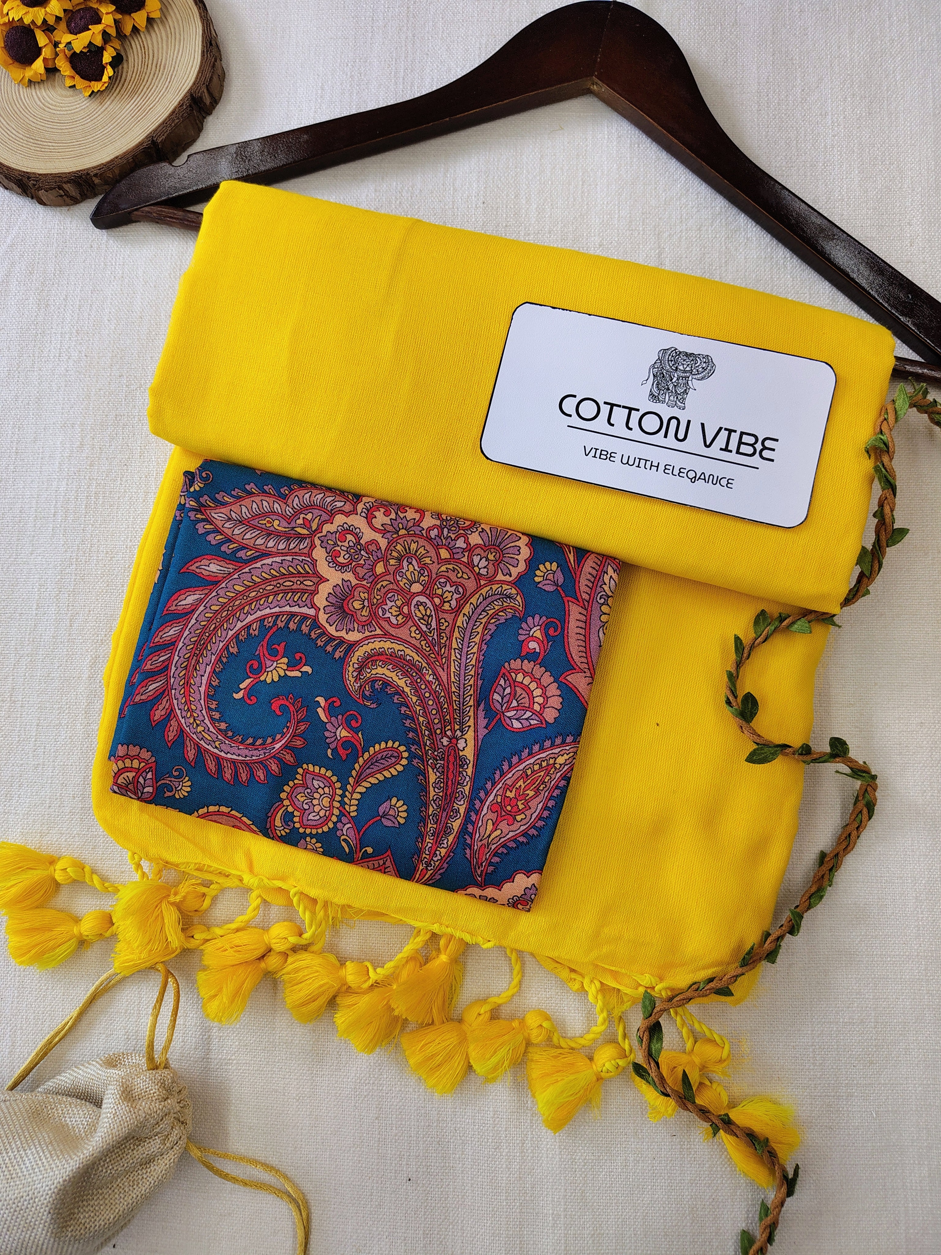 YellowCotton Khadi Saree With Designer Flower Based Printed Blouse