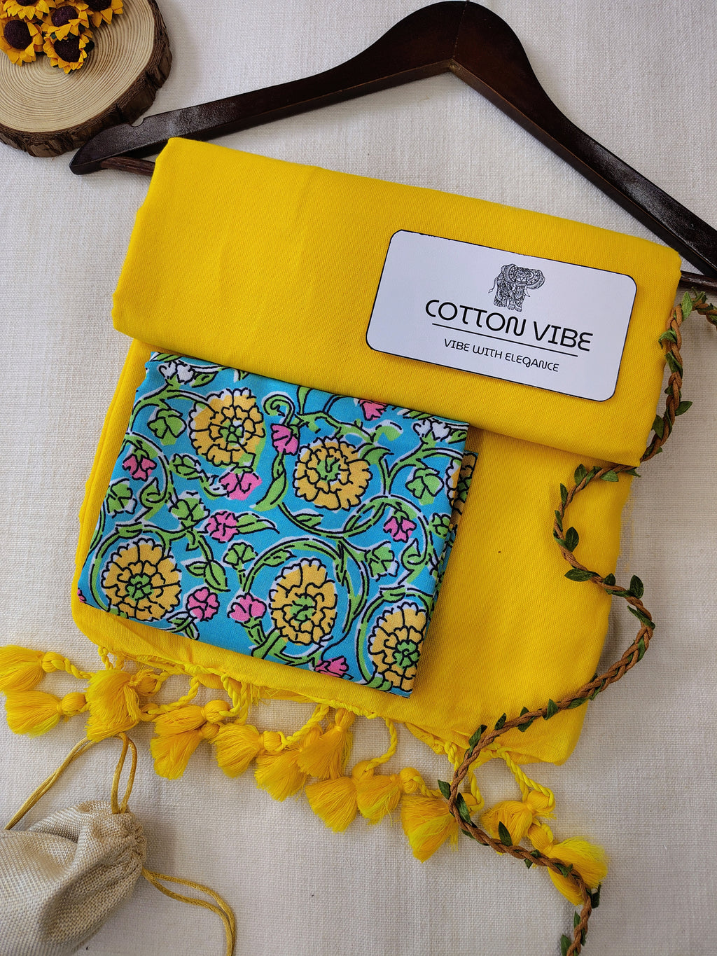 YellowCotton Khadi Saree With Designer Flower Based Printed Blouse