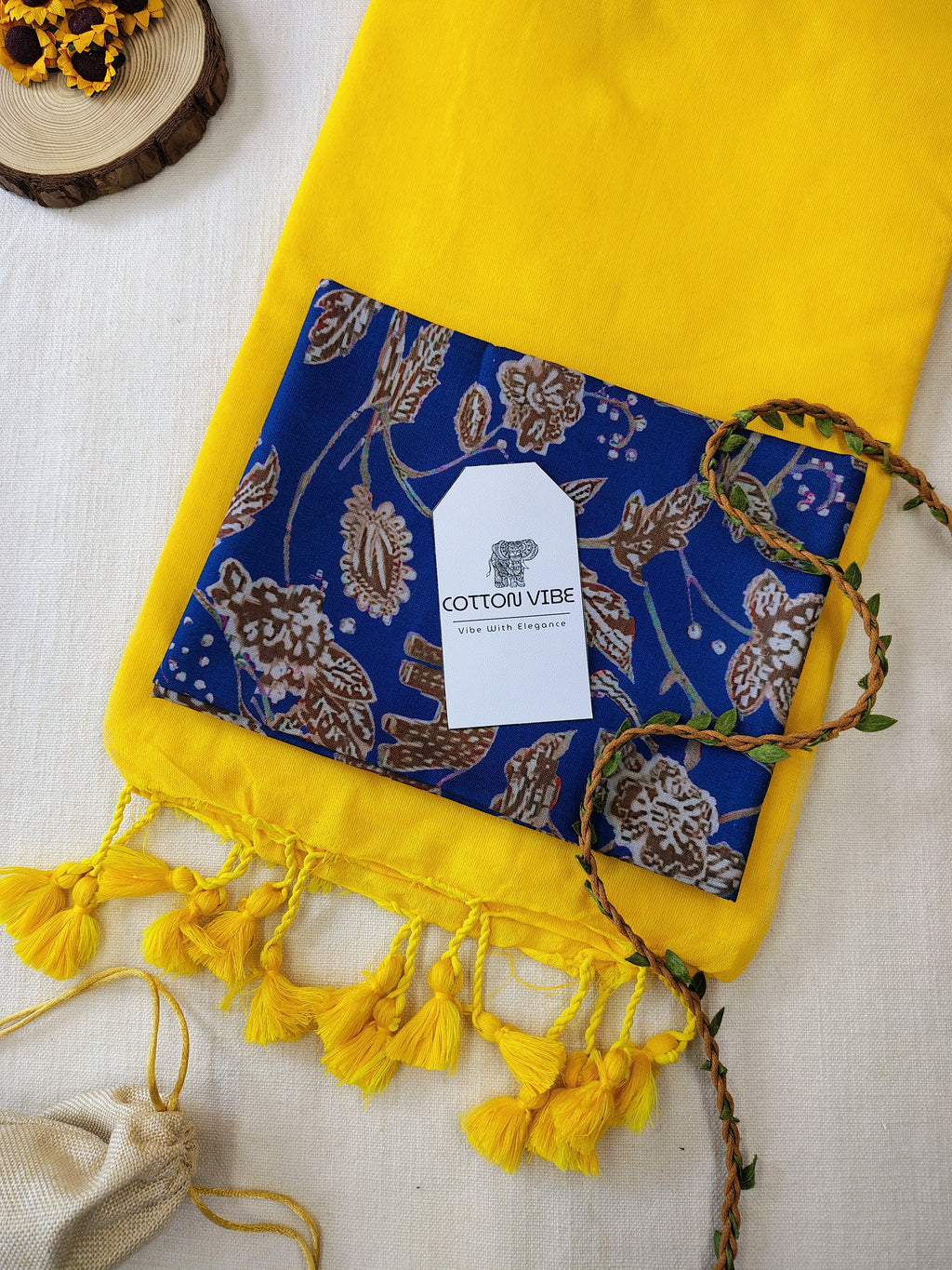 YellowCotton Khadi Saree With Designer Flower Based Printed Blouse