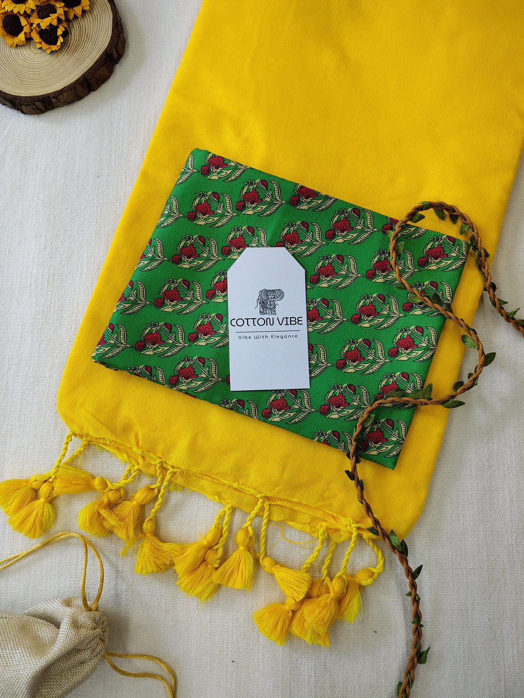 YellowCotton Khadi Saree With Designer Flower Based Printed Blouse