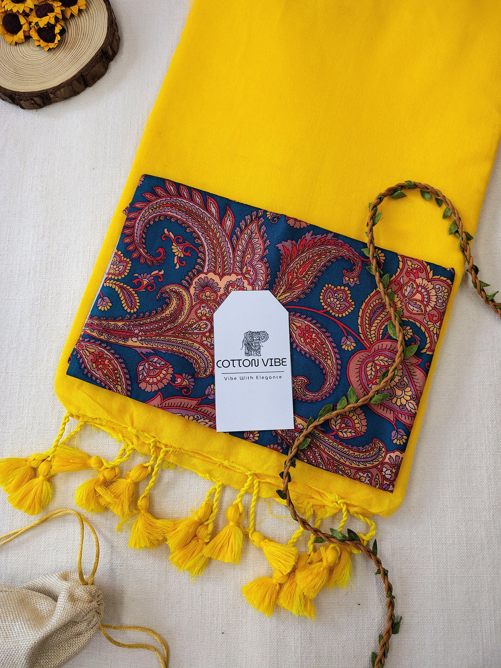 YellowCotton Khadi Saree With Designer Flower Based Printed Blouse