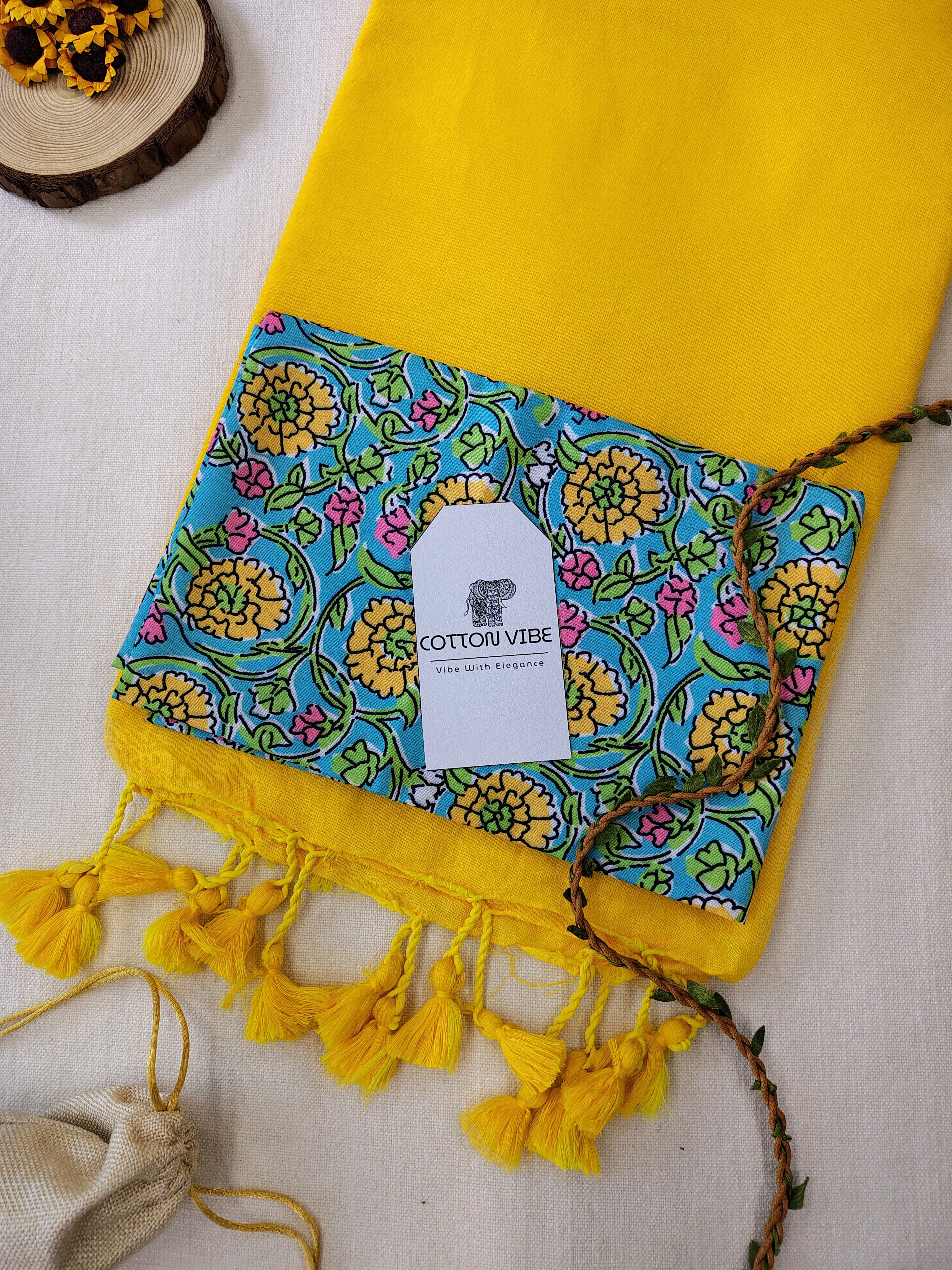 YellowCotton Khadi Saree With Designer Flower Based Printed Blouse