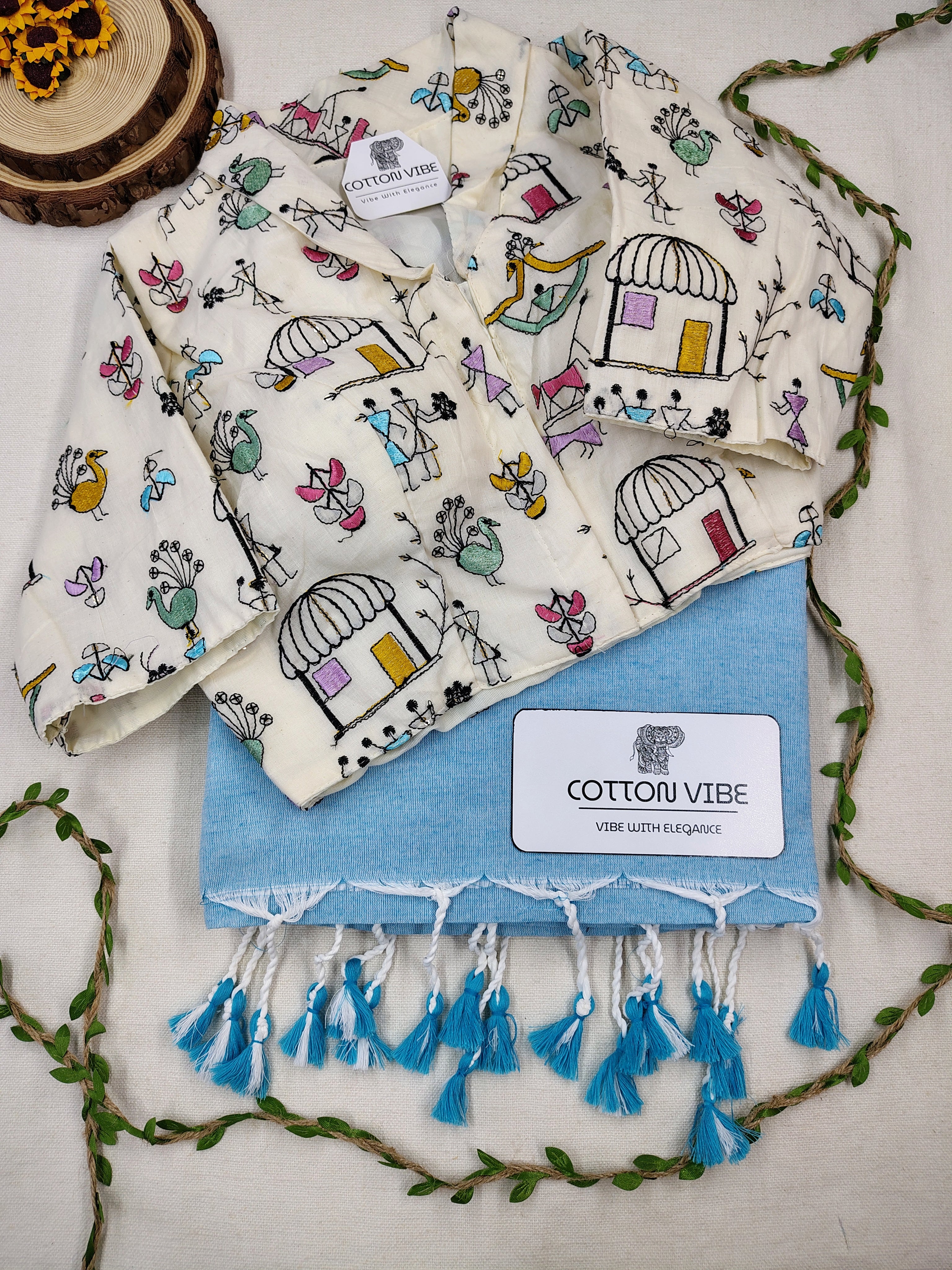 Sky Cotton Khadi Saree With Embrodery Work Redy Made Blouse