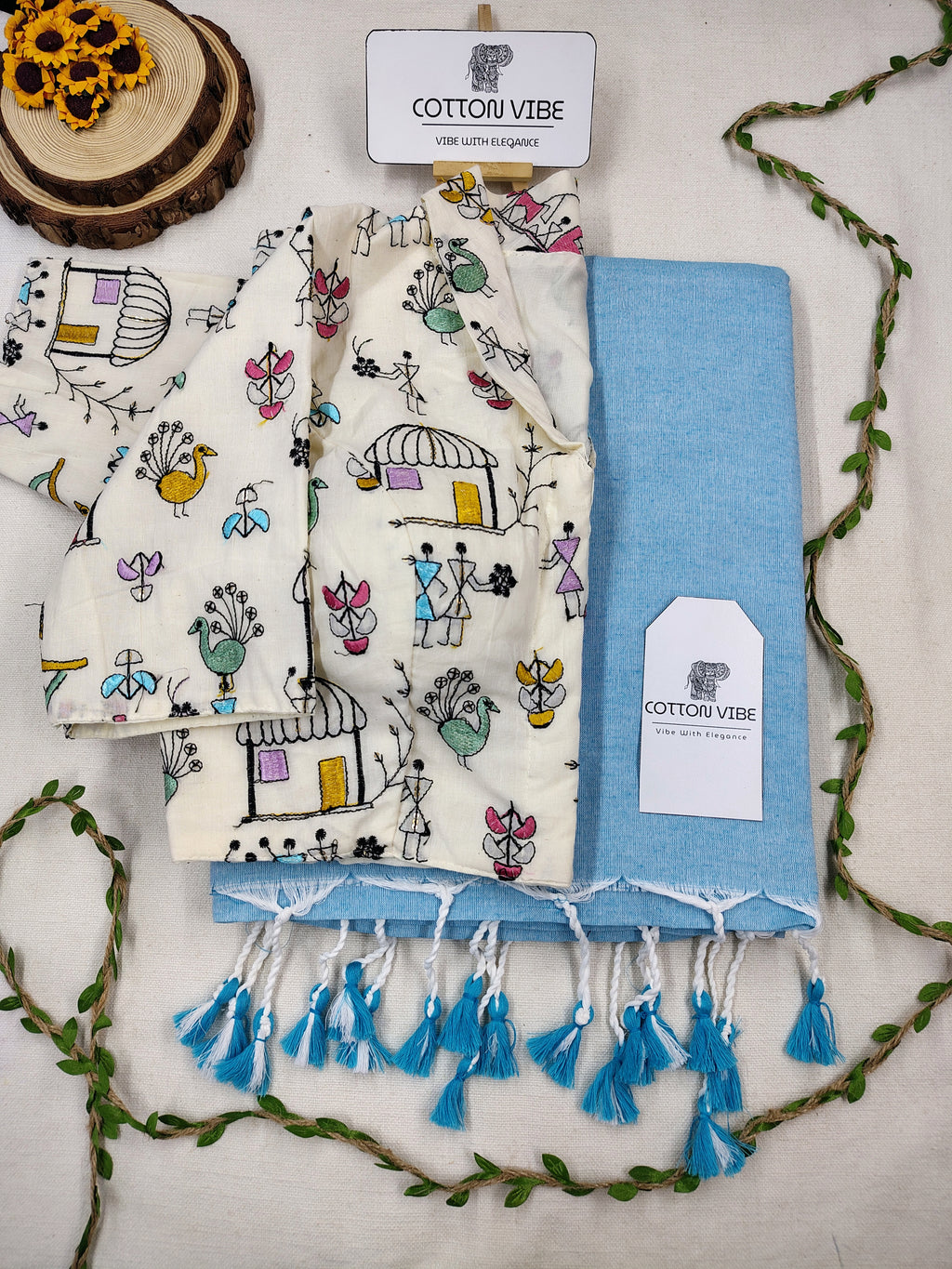 Sky Cotton Khadi Saree With Embrodery Work Redy Made Blouse