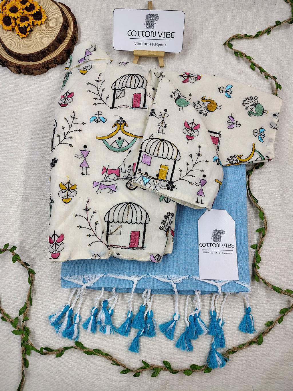 Sky Cotton Khadi Saree With Embrodery Work Redy Made Blouse