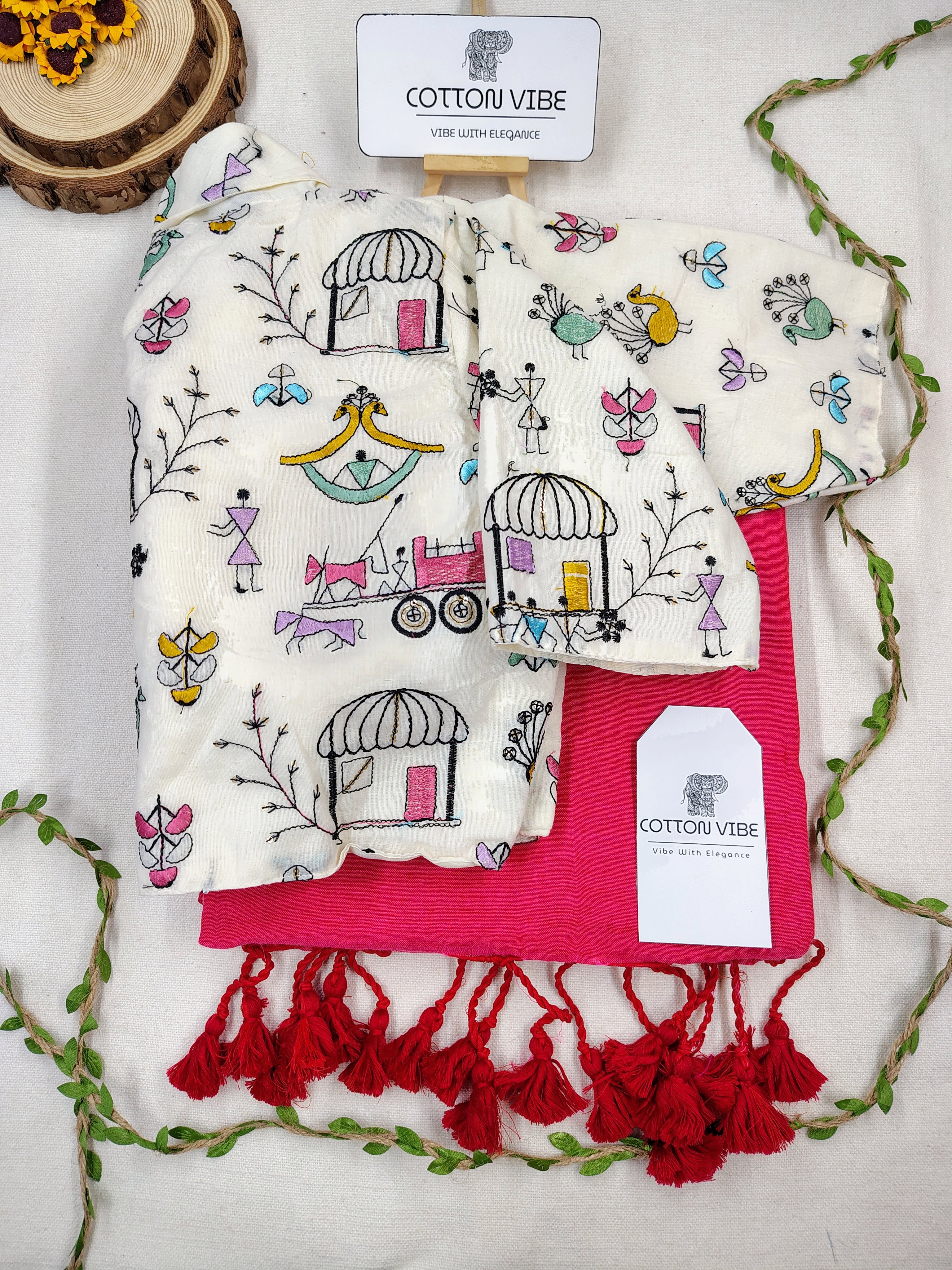 Carrot Pink Cotton Khadi Saree With Embrodery Work Redy Made Blouse