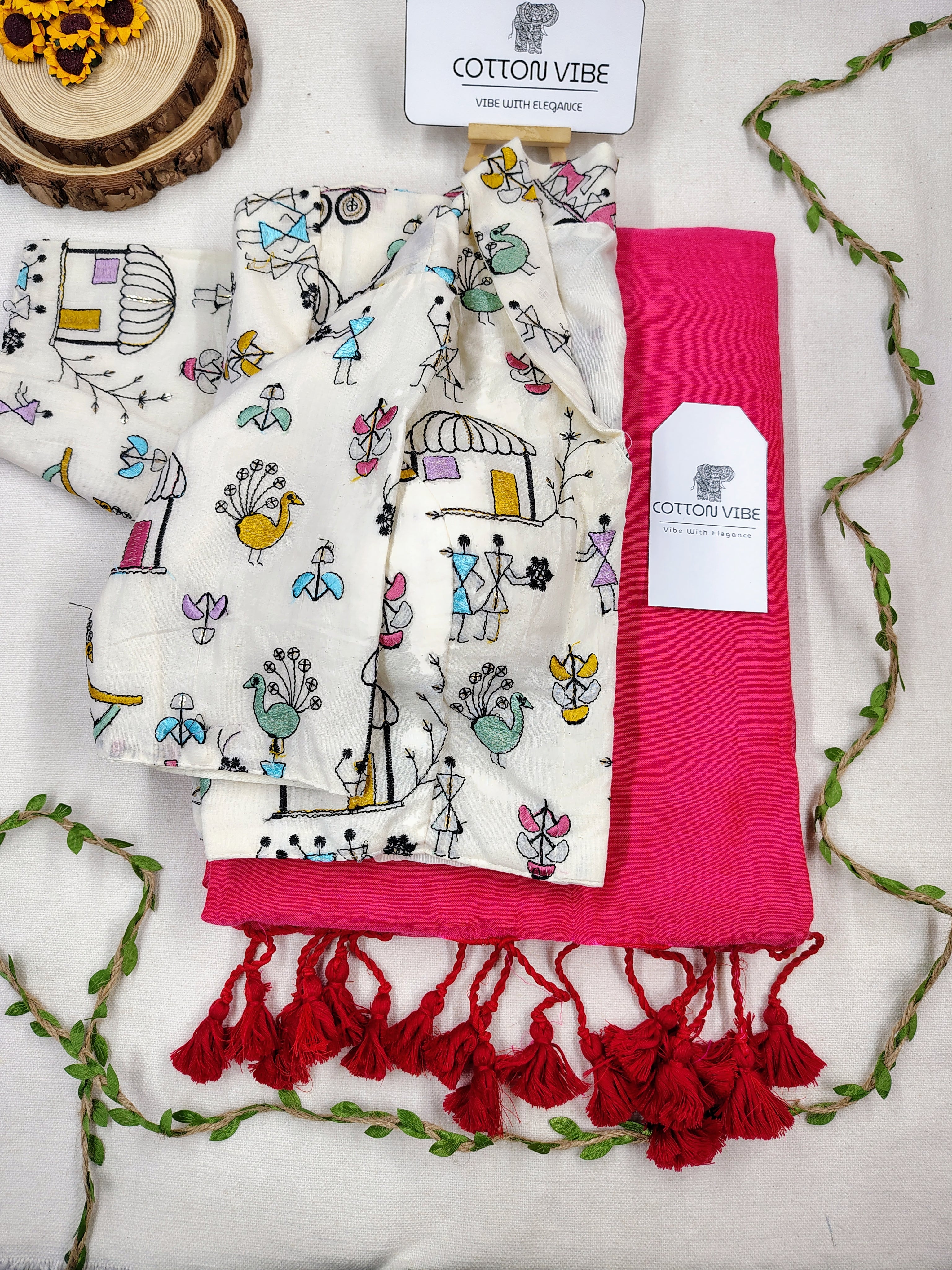 Carrot Pink Cotton Khadi Saree With Embrodery Work Redy Made Blouse