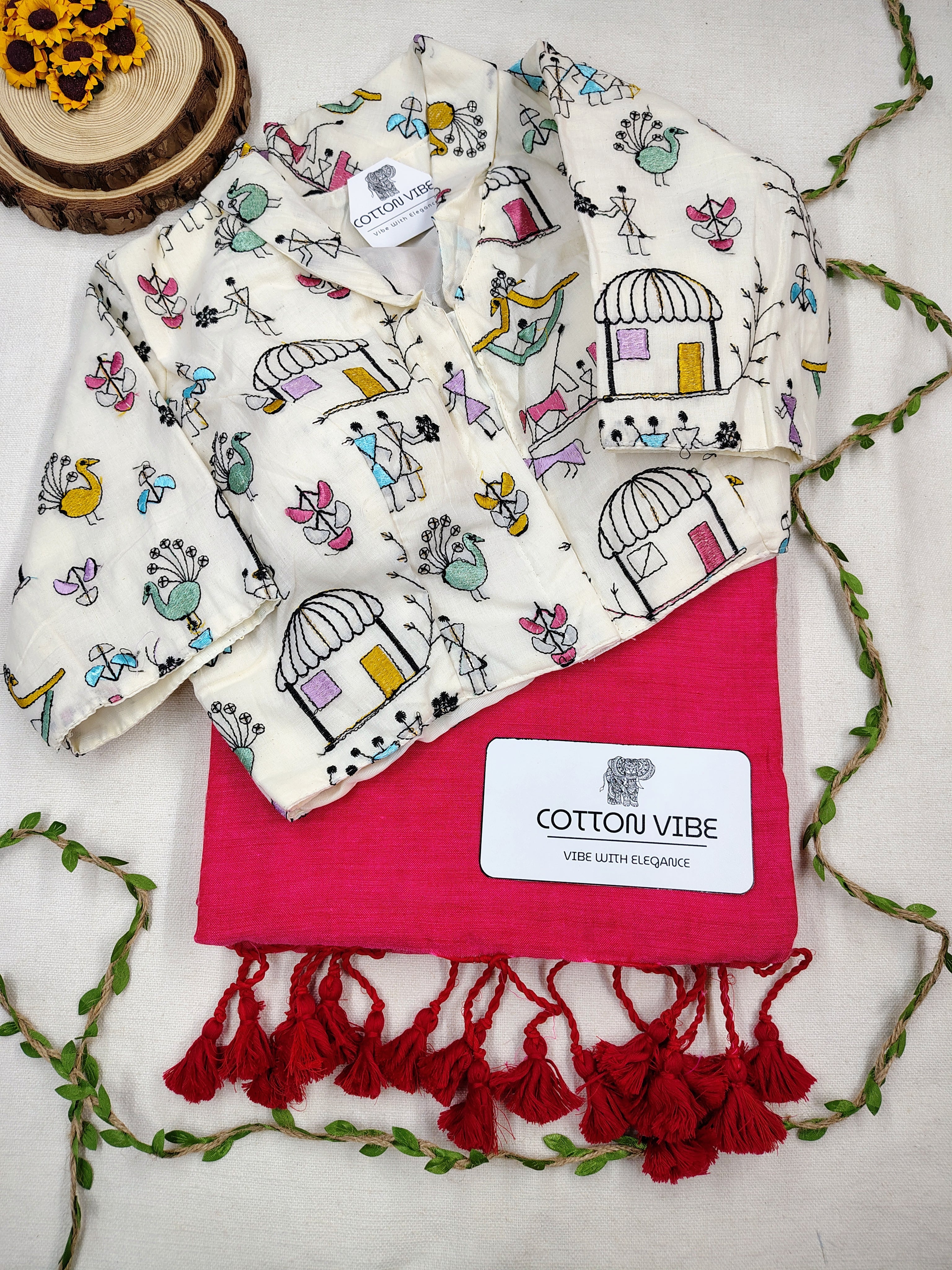 Carrot Pink Cotton Khadi Saree With Embrodery Work Redy Made Blouse