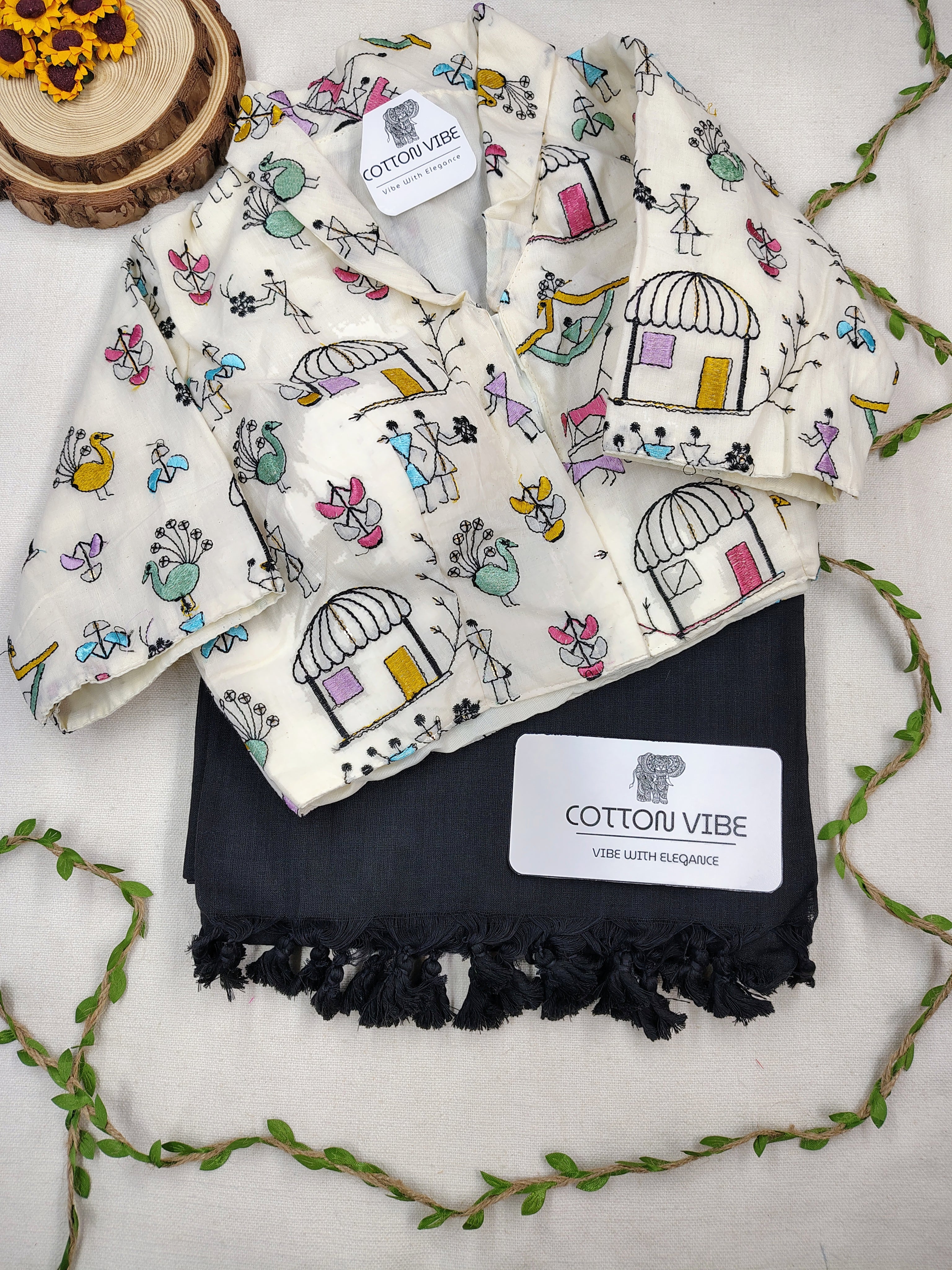 Black Cotton Khadi Saree With Embrodery Work Redy Made Blouse