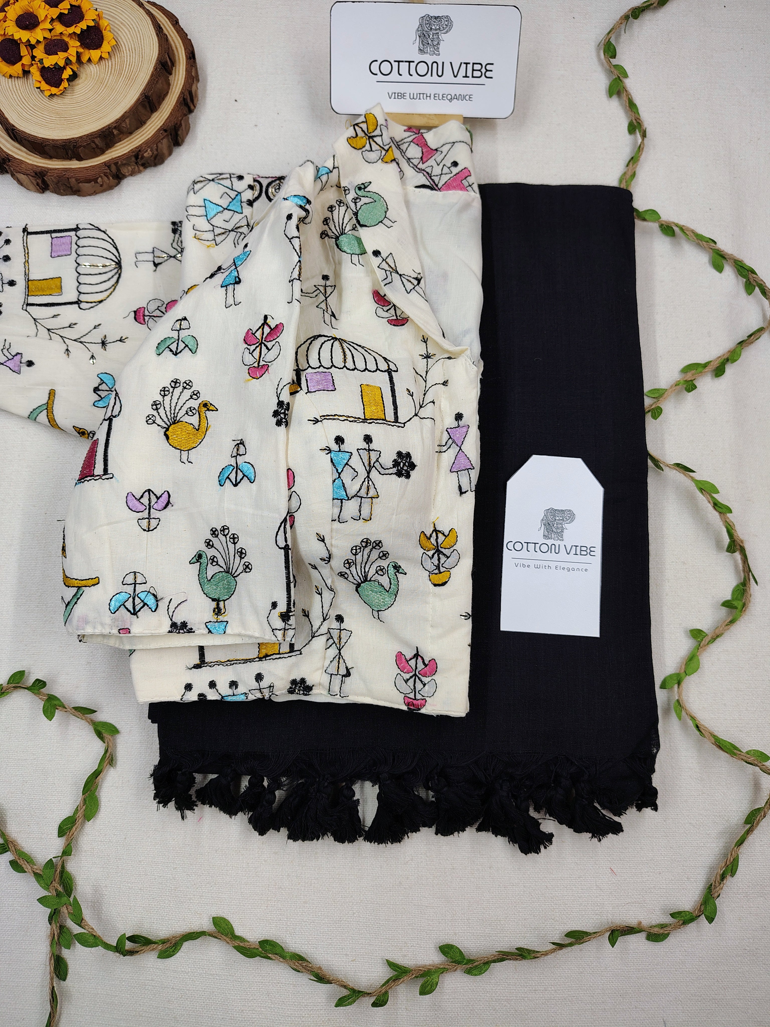 Black Cotton Khadi Saree With Embrodery Work Redy Made Blouse