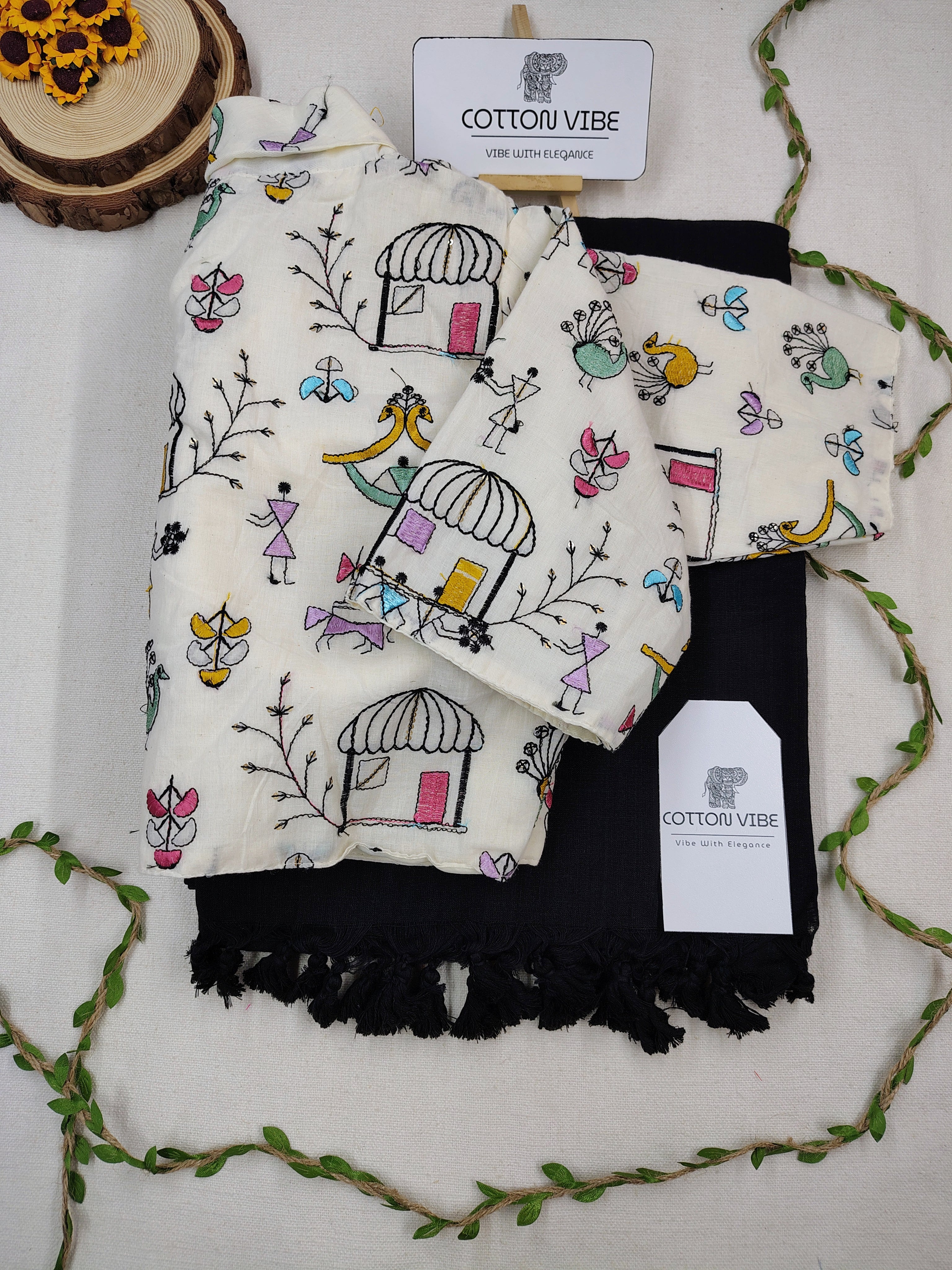 Black Cotton Khadi Saree With Embrodery Work Redy Made Blouse