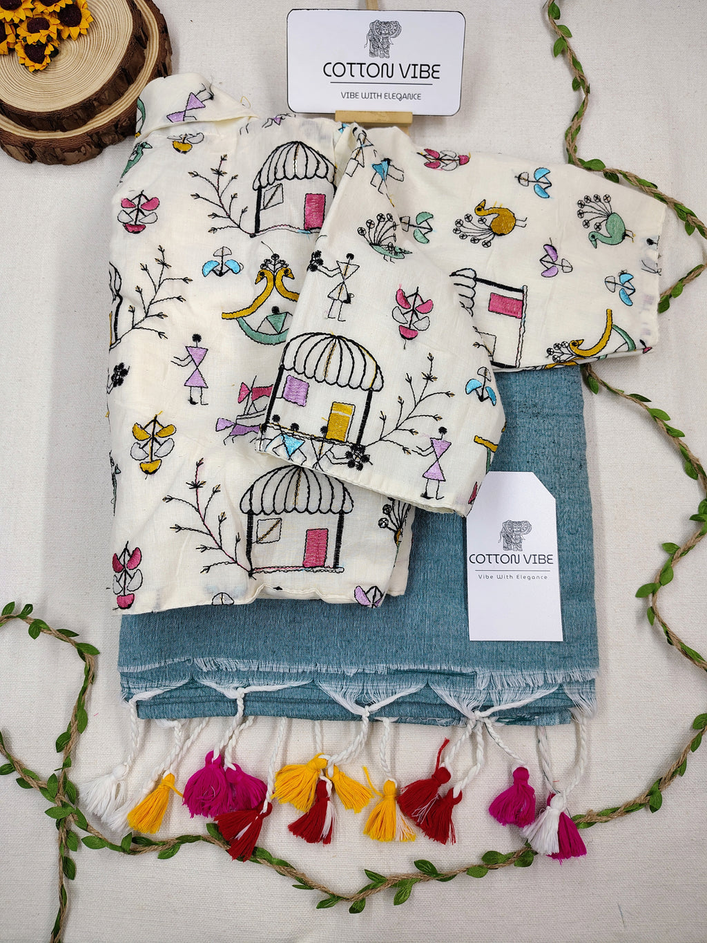 Teal Green Cotton Khadi Saree With Embrodery Work Redy Made Blouse