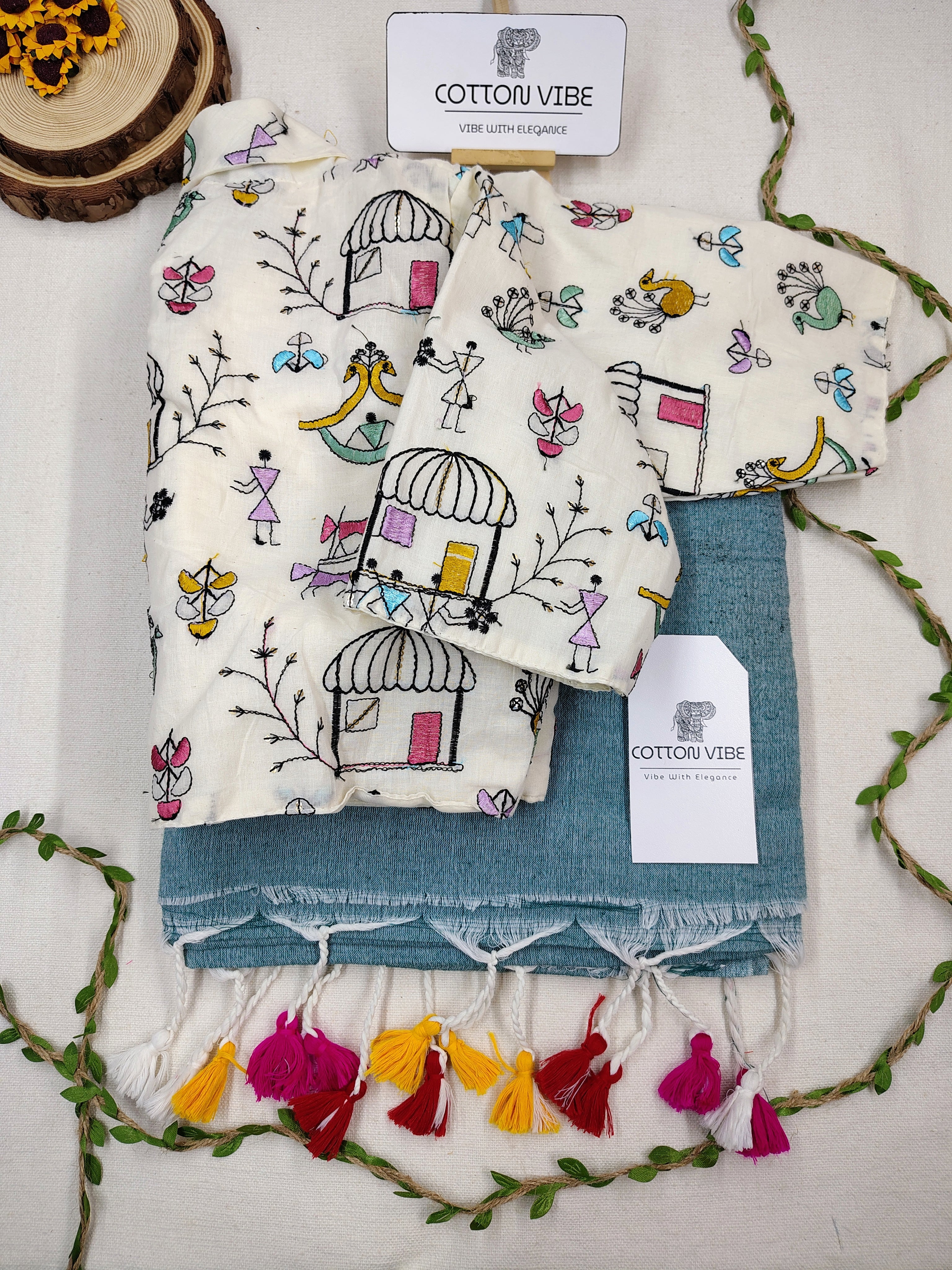 Teal Green Cotton Khadi Saree With Embrodery Work Redy Made Blouse