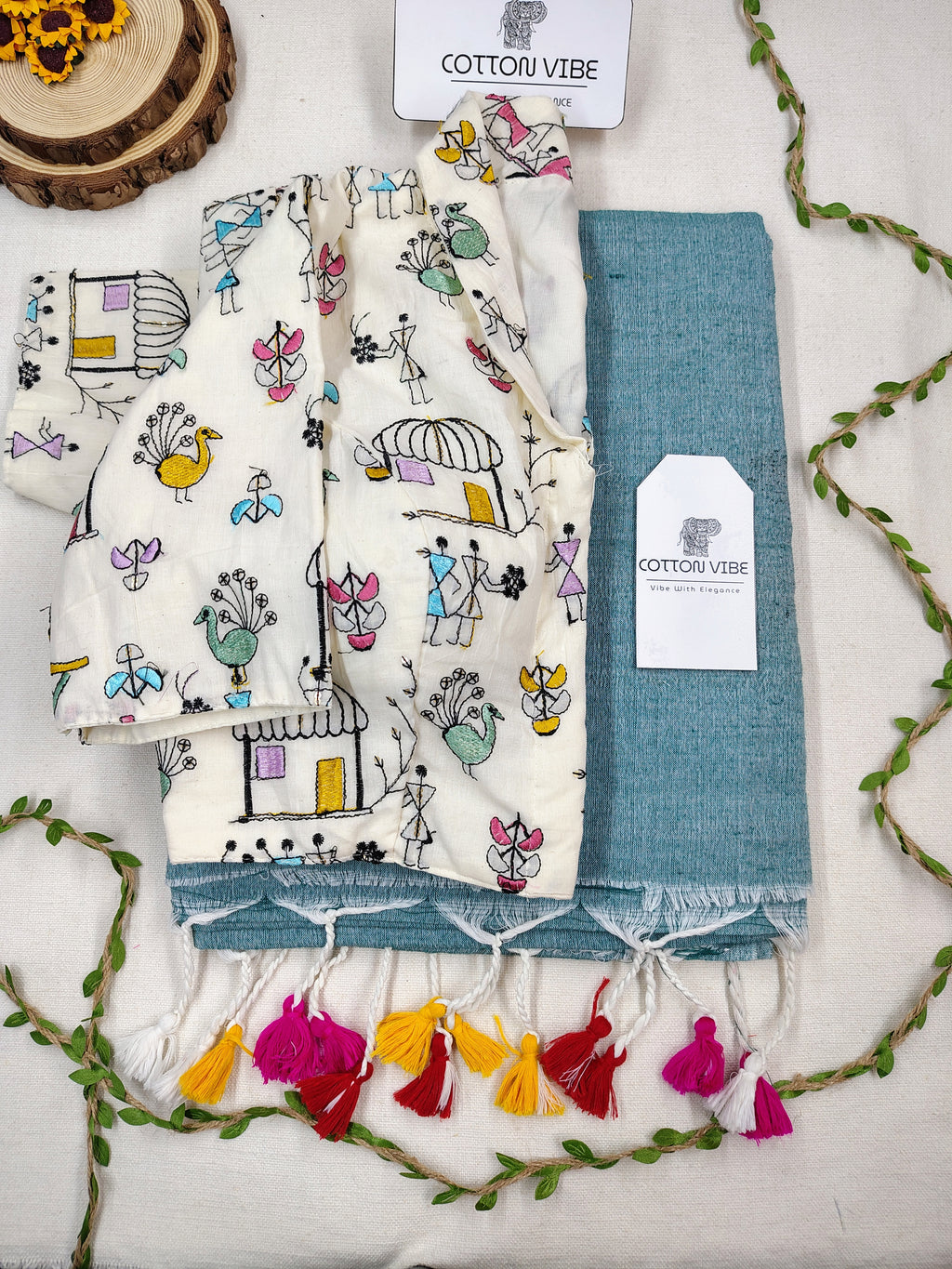 Teal Green Cotton Khadi Saree With Embrodery Work Redy Made Blouse